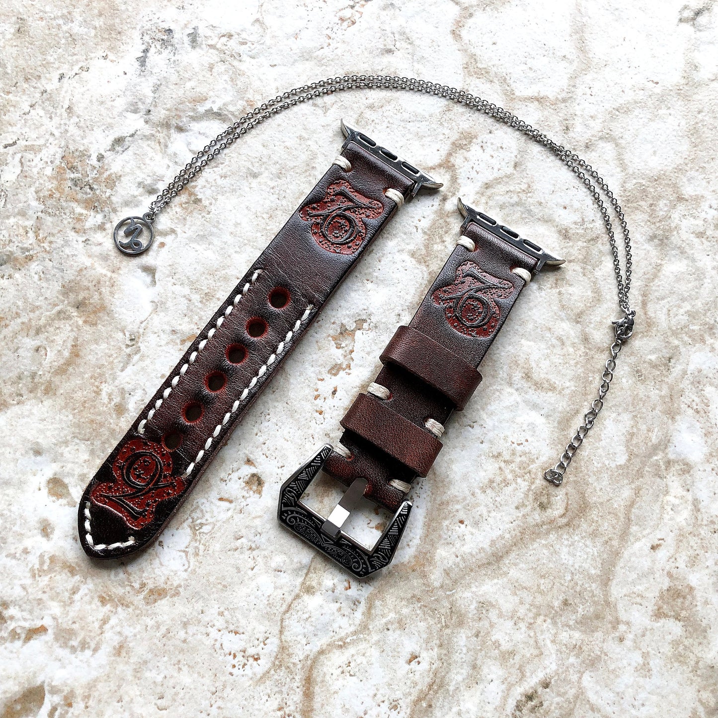 Apple Watch Capricorn Zodiac Band Set for iWatch Ultra 2 49mm and 9 8 Series 41mm 45mm Case Leather Embossed Bracelet Strap and Necklace