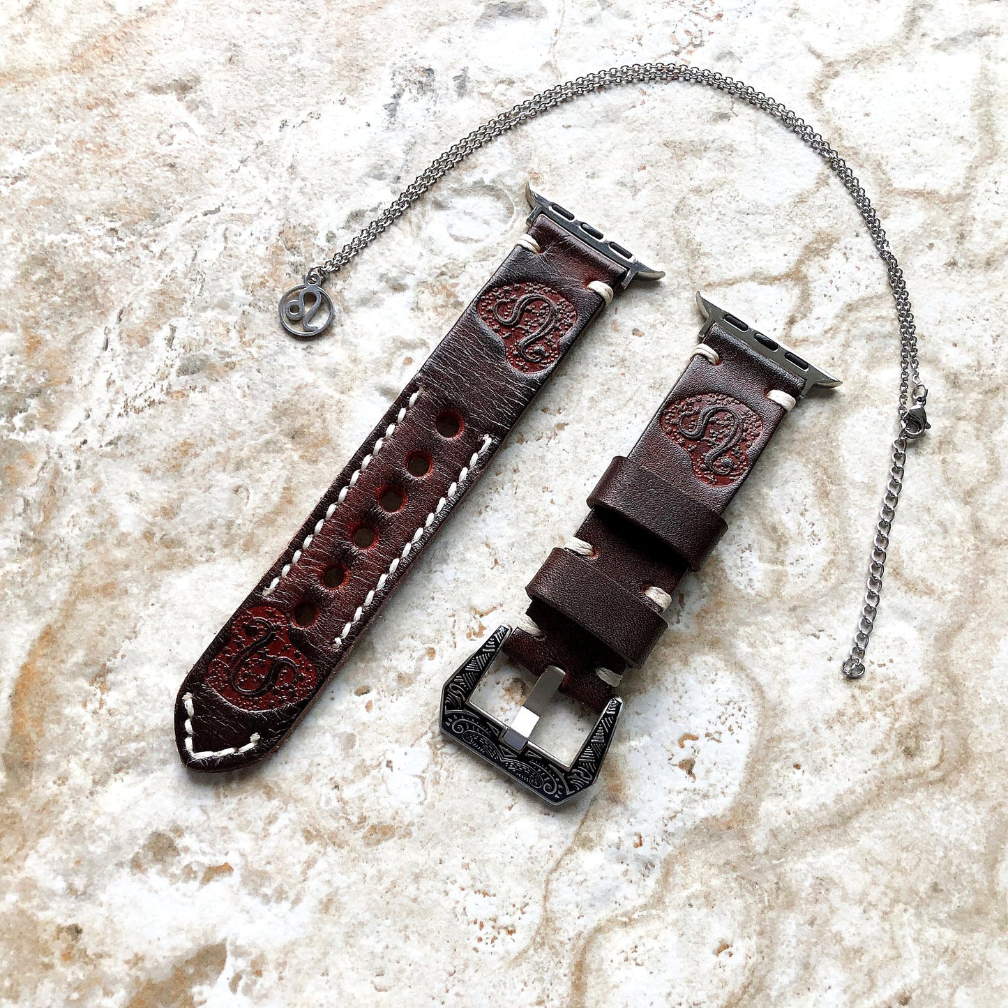 Apple Watch Leo Zodiac Band Set for iWatch Ultra 2 49mm and 9 8 Series 41mm 45mm Case Brown Leather Embossed Strap Bracelet and Necklace