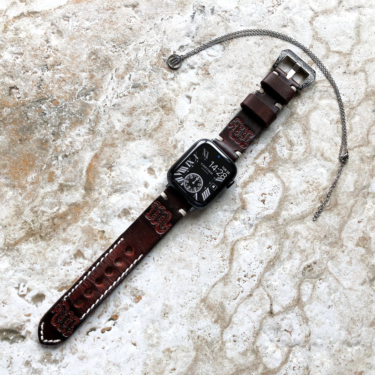 Apple Watch Scorpio Zodiac Band Set for iWatch Ultra 2 49mm and 9 8 Series 41mm 45mm Case Brown Leather Embossed Strap Bracelet and Necklace