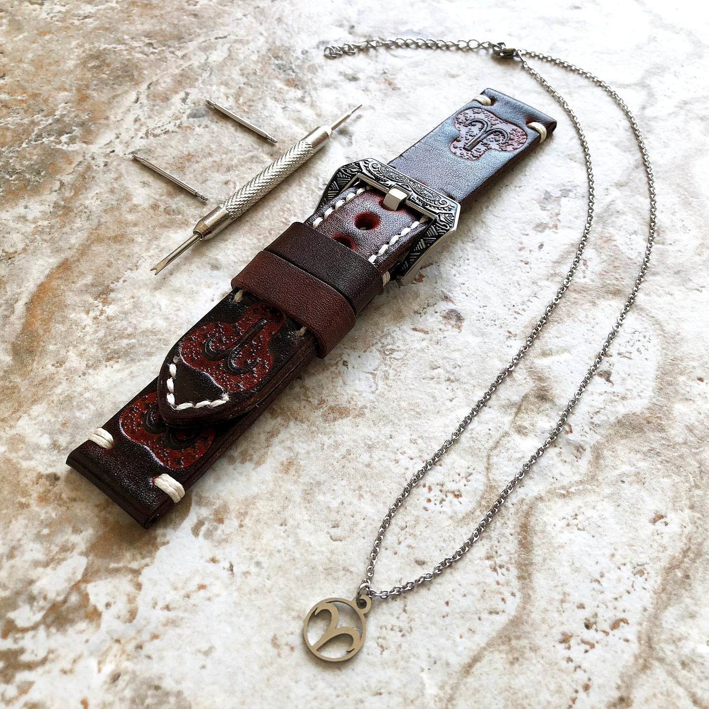 Aries Zodiac Band 22mm 24mm 25mm Genuine Brown Leather Tooled Embossed Handmade Strap Bracelet Kit for Watches and 25" Pendants Necklace