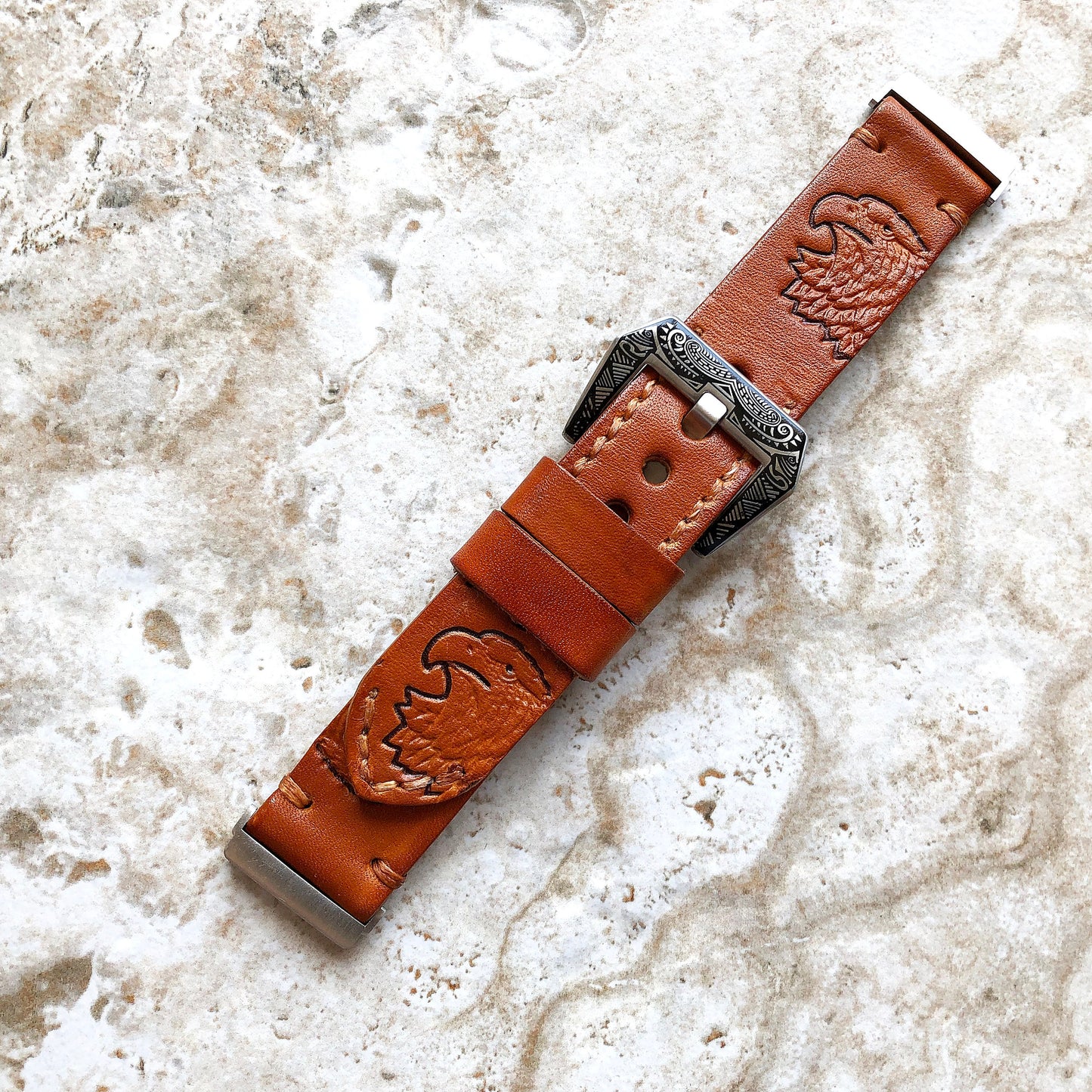 Band for Fitbit Versa 2 3 4 Sense 2 Eagle Head Tooled Embossed Brown Leather Strap Watch Bracelet Engraved Silver Rose Gold Black Finish