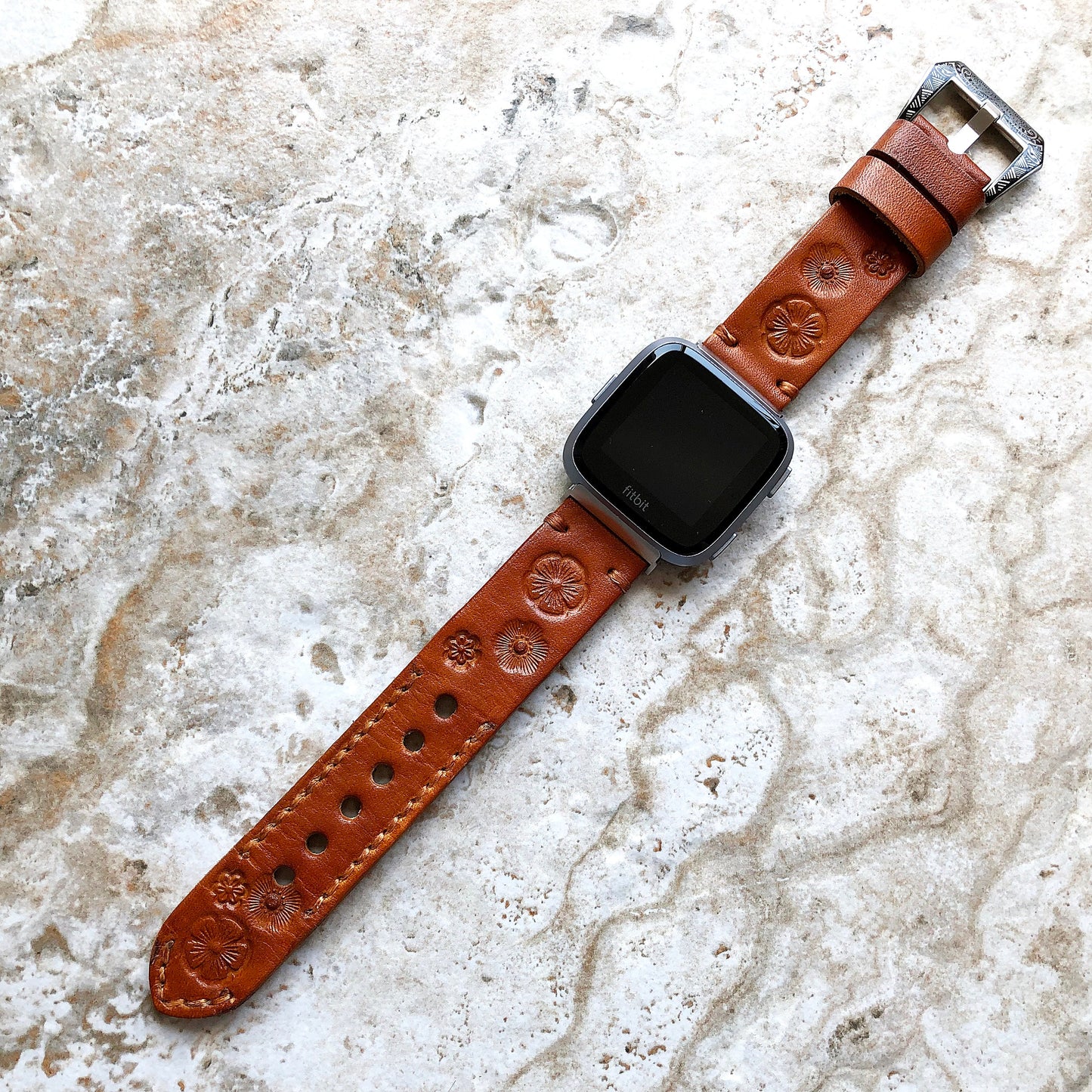 Band for Fitbit Versa 2 3 4 Sense 2 Flowers Tooled Embossed Brown Leather Strap Watch Bands Bracelet Engraved Silver Rose Gold Black Finish