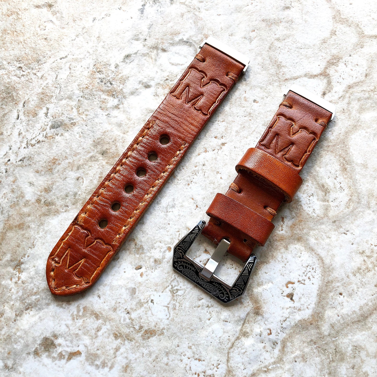 Bands for Fitbit Versa 2 3 4 Sense 2 Customizable Embossed Brown Leather Strap Watch Band Bracelet Engraved Silver Rose Gold Black Finish