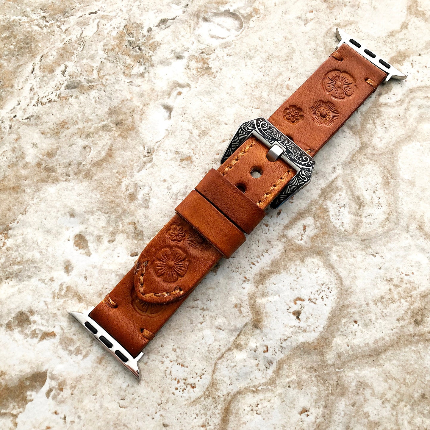 Apple Watch Flowers Leather Band for iWatch All Series 38mm 40mm 41mm 42mm 44mm 45mm 49mm Case Tooled Embossed Handmade Brown Strap Bracelet