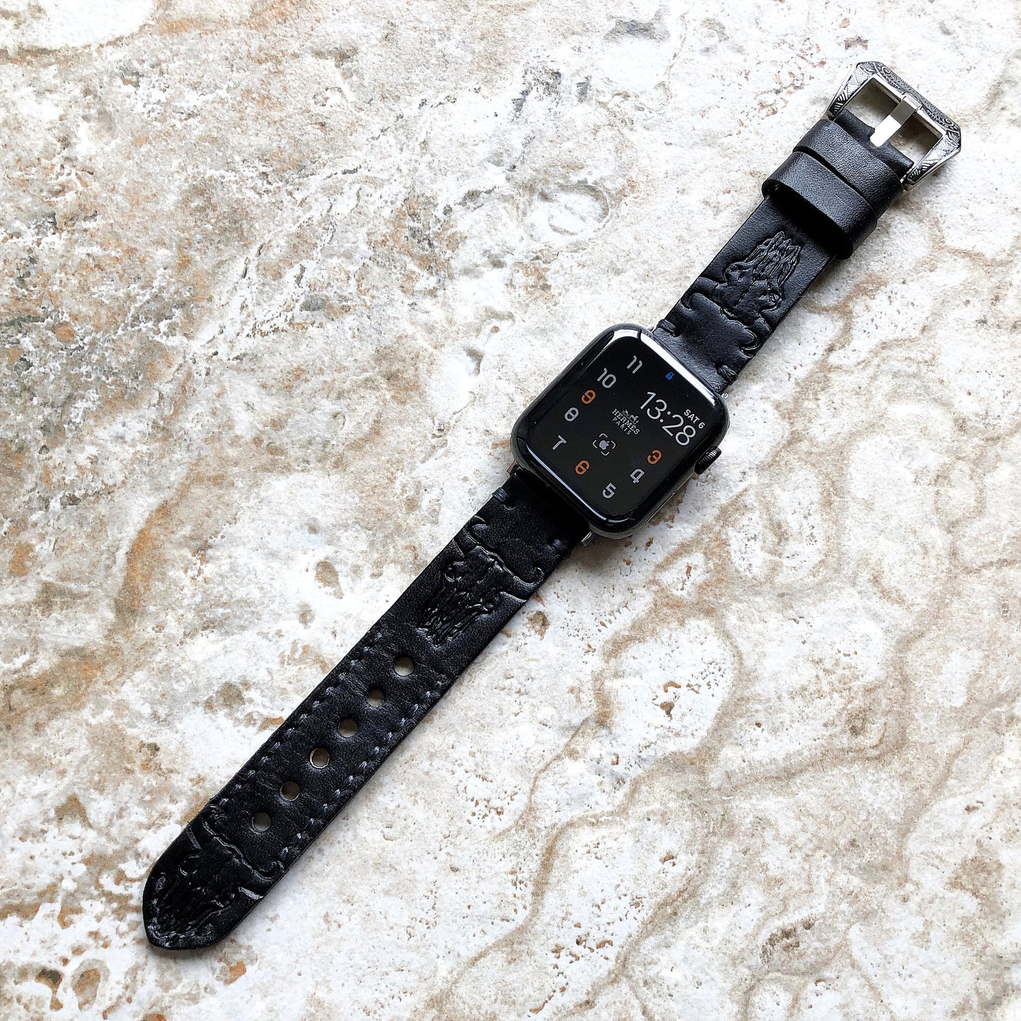 Apple Watch Leather Band Buffalo Skull Black for iWatch Ultra 2 49mm and 9 8 Series 41mm 45mm Case Tooled Embossed Handmade Strap Bracelet