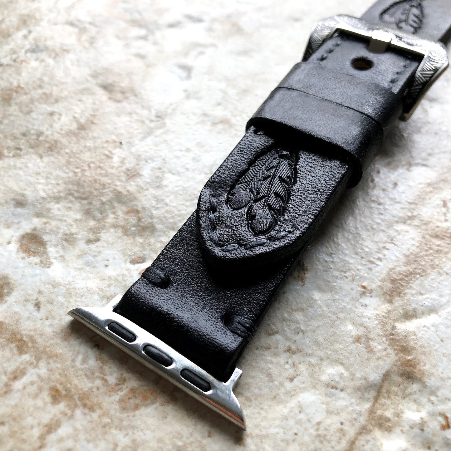 Apple Watch Leather Band Feathers Black for iWatch All Series 38mm 40mm 41mm 42mm 44mm 45mm 49mm Tooled Embossed Handmade Strap Bracelet