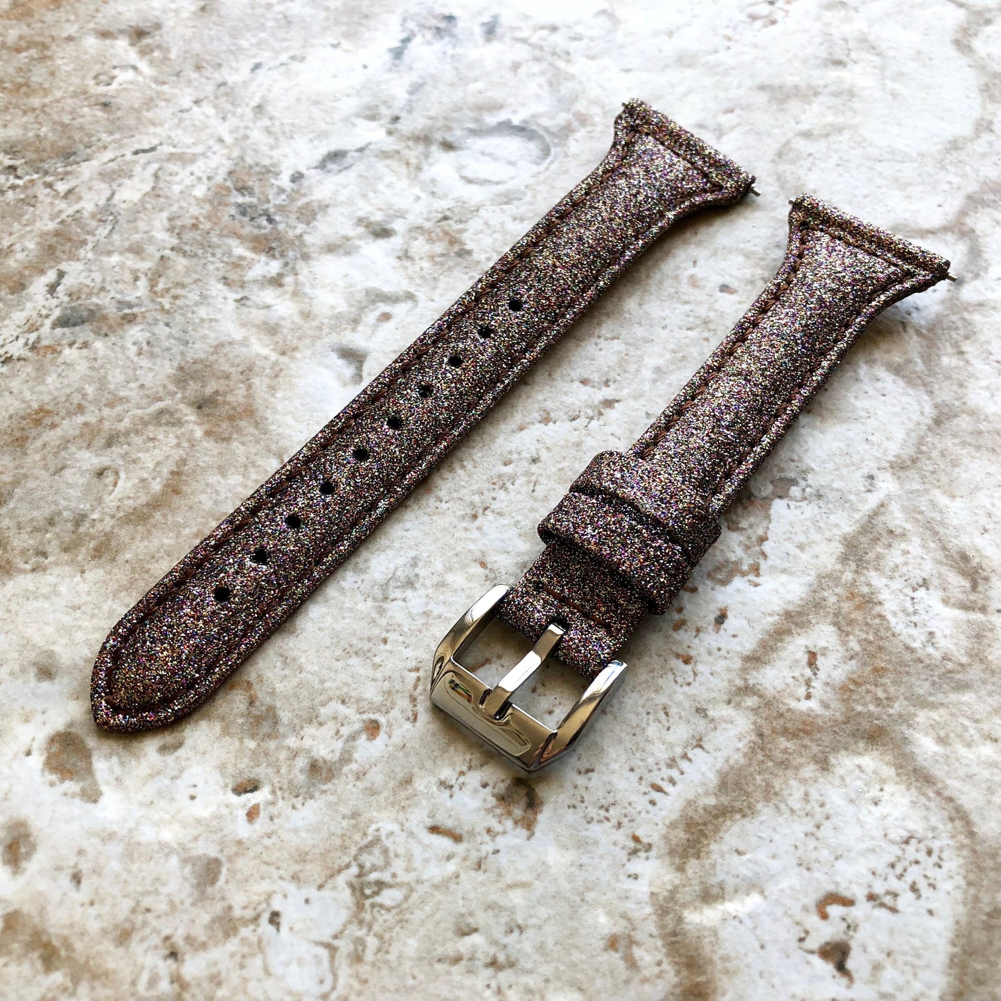 Fitbit Versa 2 3 4 Sense 2 Band Brown Sparkling Glitter Slim Elegant Soft Leather Strap with Stitching Details and Quick Release Attachments