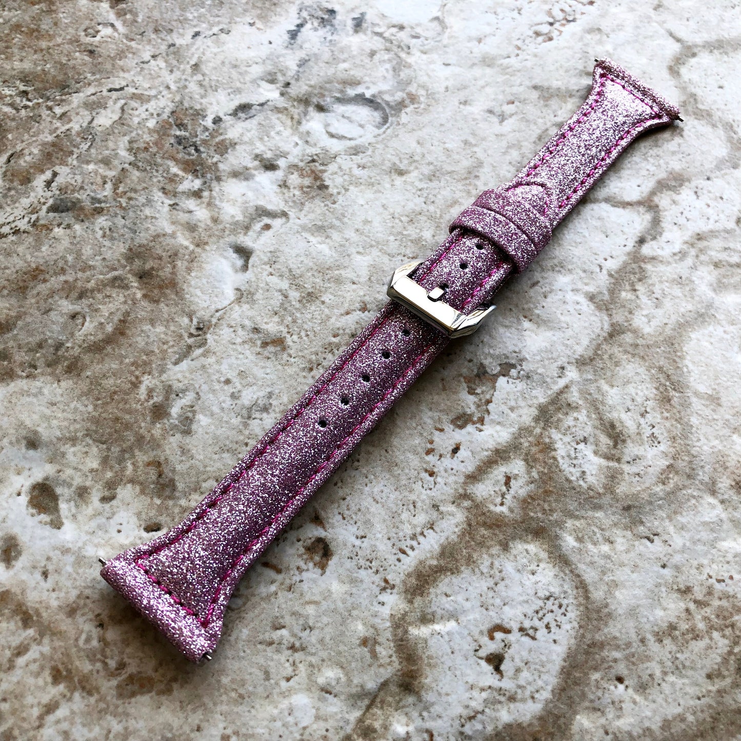 Fitbit Versa 2 3 4 Sense 2 Band Pink Sparkling Glitter Slim Elegant Soft Leather Strap with Stitching Details and Quick Release Attachments