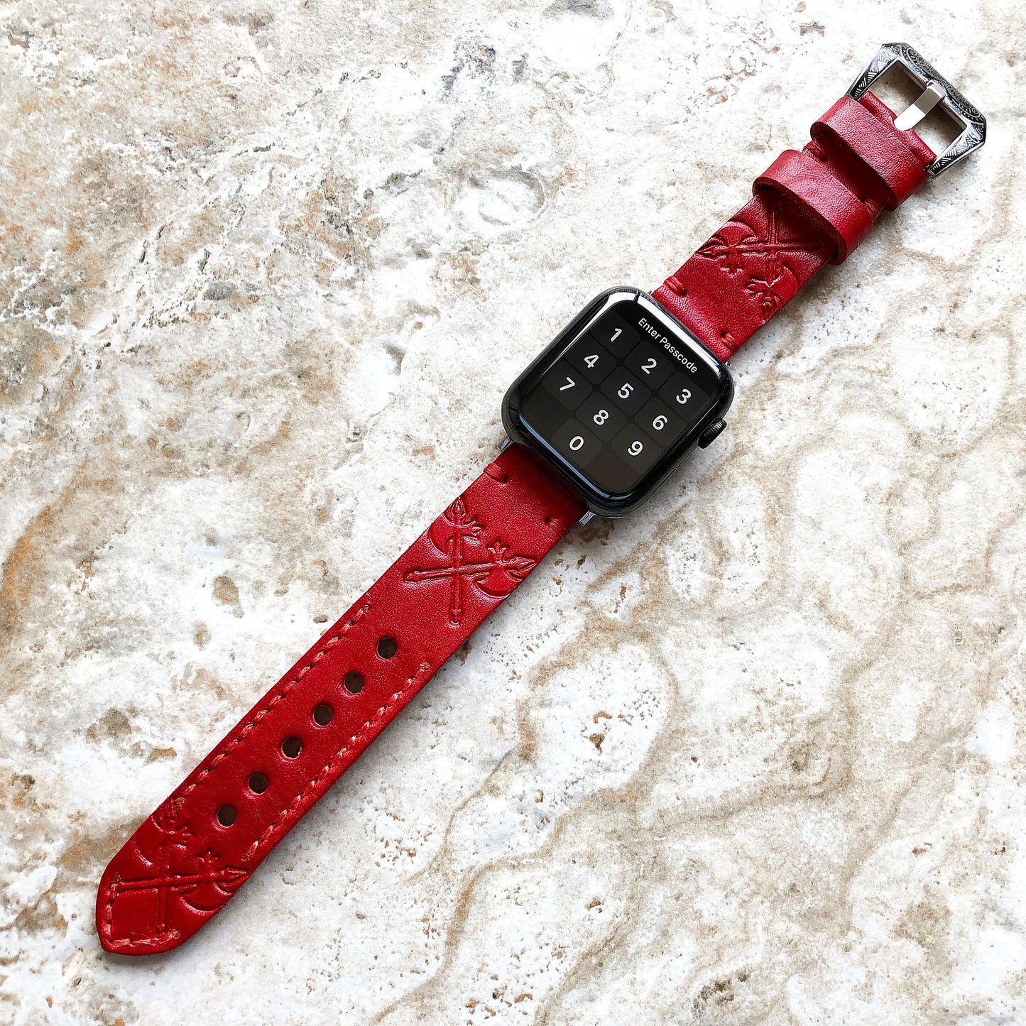 Apple Watch Genuine Leather Band Crossed Axes for iWatch Ultra 2 49mm and 9 8 Series 41mm 45mm Case Tooled Embossed Red Strap Bracelet