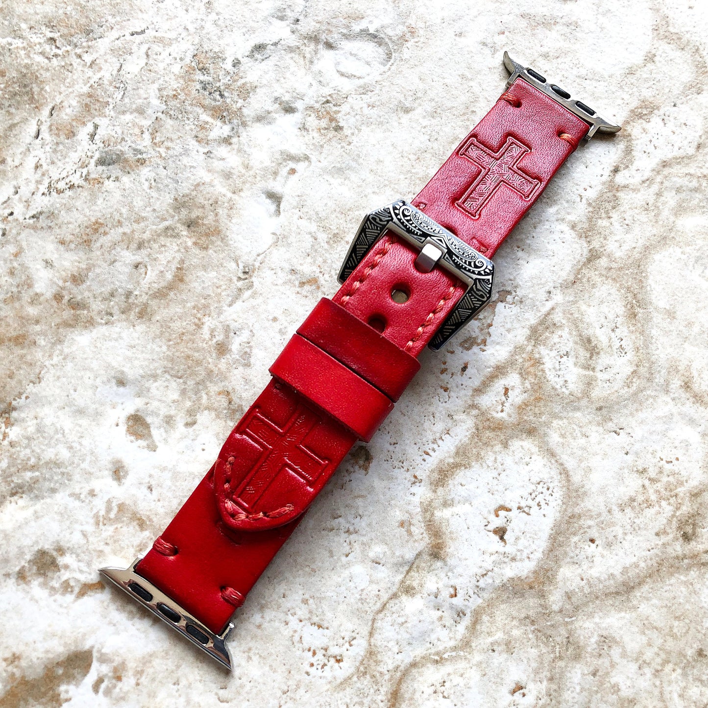 Apple Watch Band Latin Cross for iWatch Ultra 2 49mm and 9 8 Series 41mm 45mm Case Tooled Embossed Handmade Leather Red Strap Bracelet