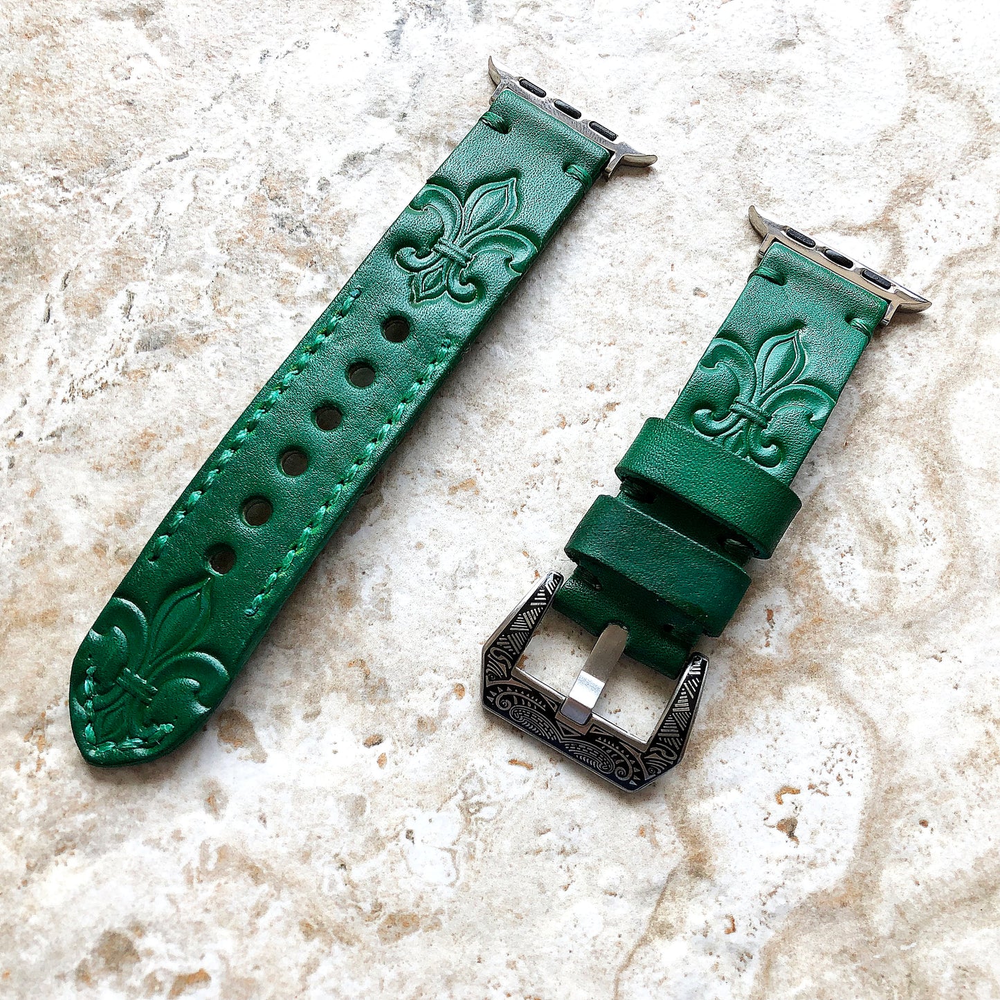 Apple Watch Leather Band Fleur De Lis Green for iWatch Ultra 2 49mm and 9 8 Series 41mm 45mm Case Tooled Embossed Handmade Strap Bracelet