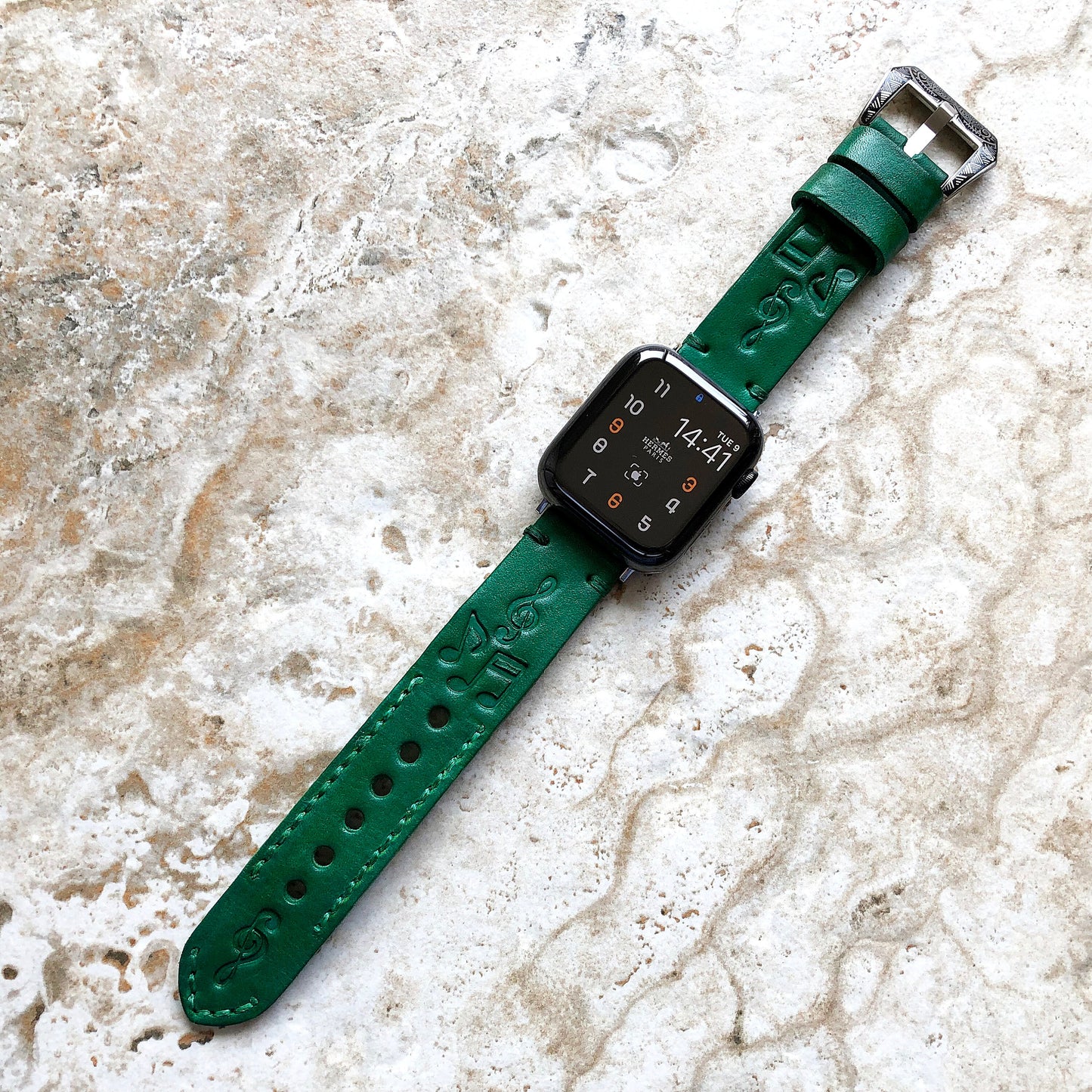 Apple Watch Leather Band Music Lover for iWatch Ultra 2 49mm and 9 8 Series 41mm 45mm Case Tooled Embossed Handmade Green Strap Bracelet