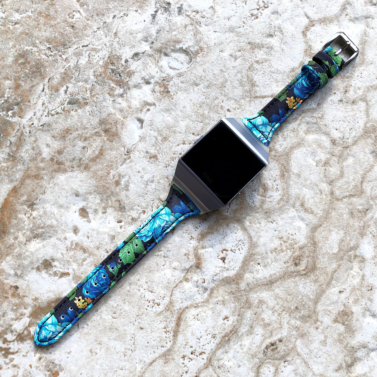 Fitbit Ionic Blue Roses Slim Elegant Soft Leather Band Strap Bracelet for Smartwatch Quick Release Adapters in Silver Rose Gold Black
