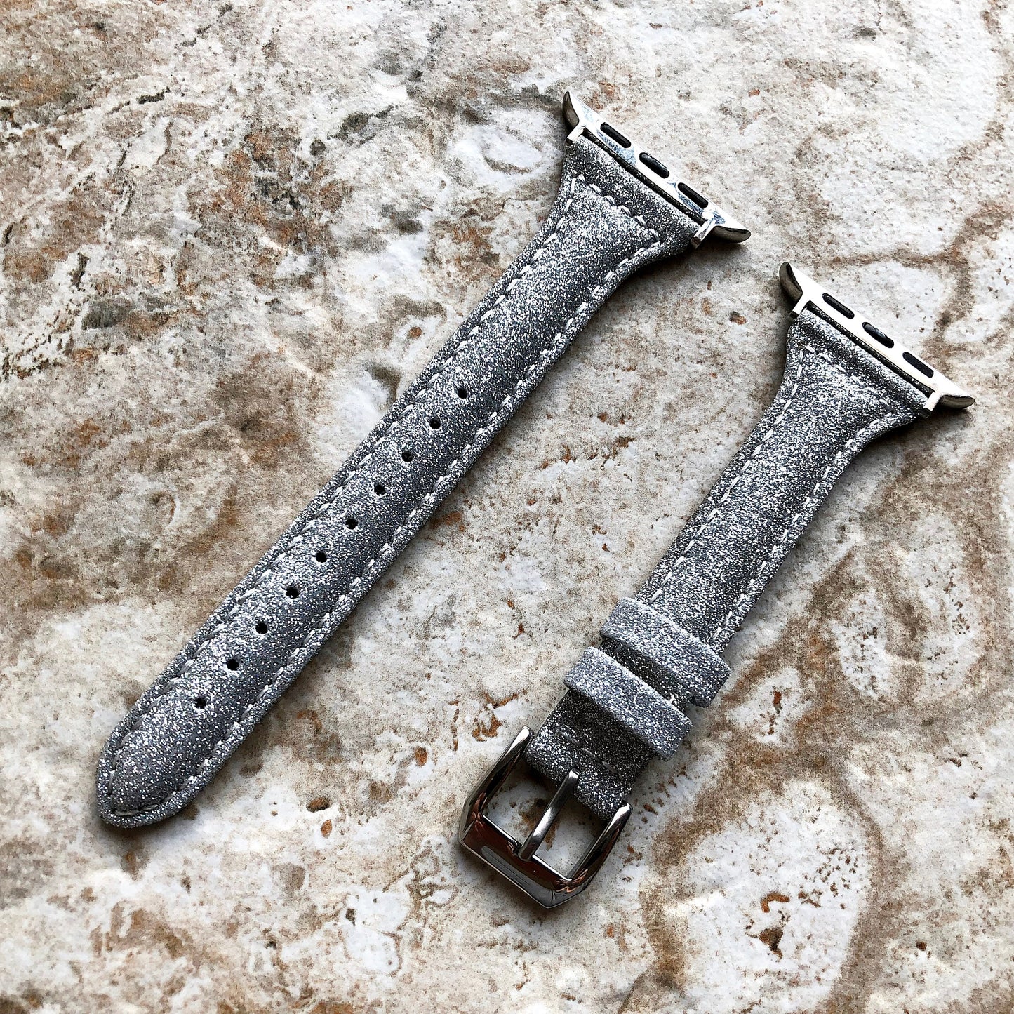 Apple Silver Sparkling Glitter Band for iWatch Ultra 2 49mm and 9 8 Series 41mm 45mm Case Handmade Slim Elegant Soft Leather Straps