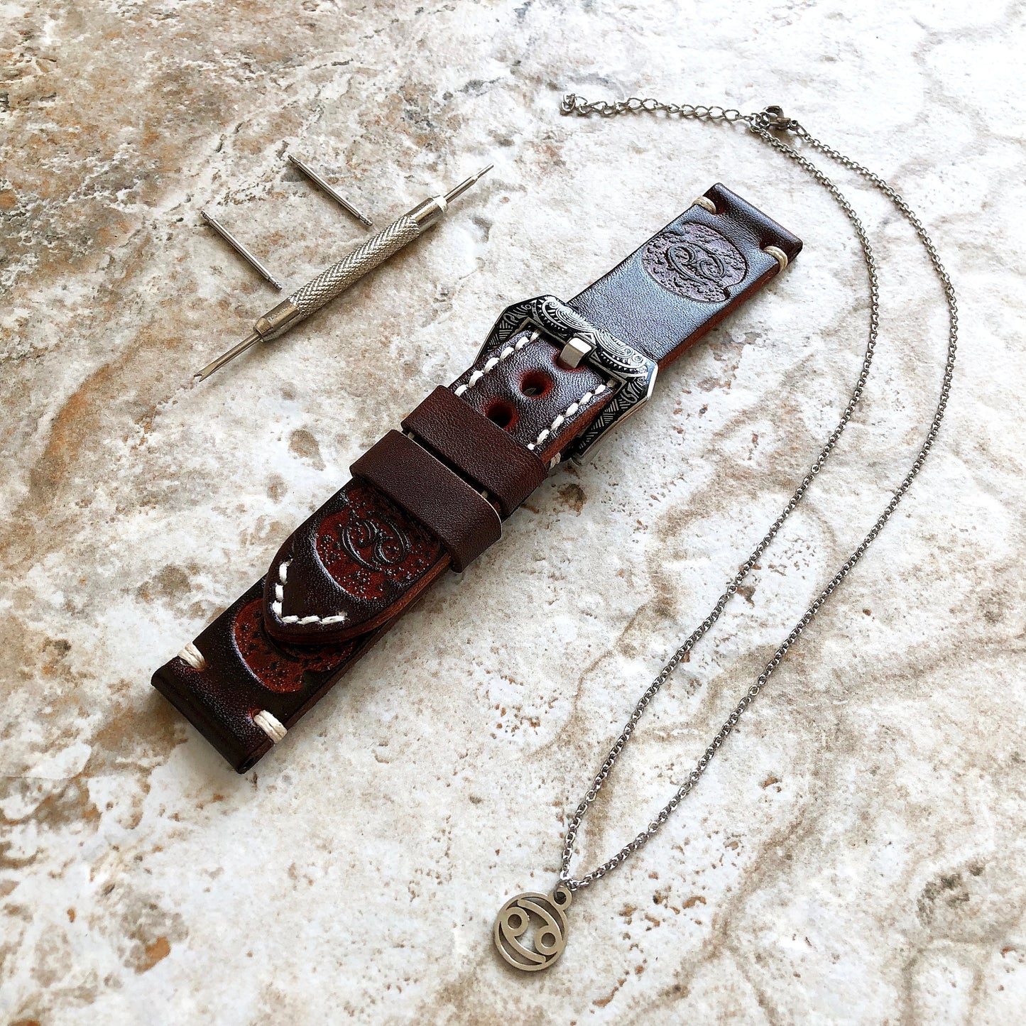 Cancer Zodiac Band 22mm 24mm 25mm Genuine Brown Leather Tooled Embossed Handmade Strap Bracelet Kit for Watches and 25" Pendants Necklace