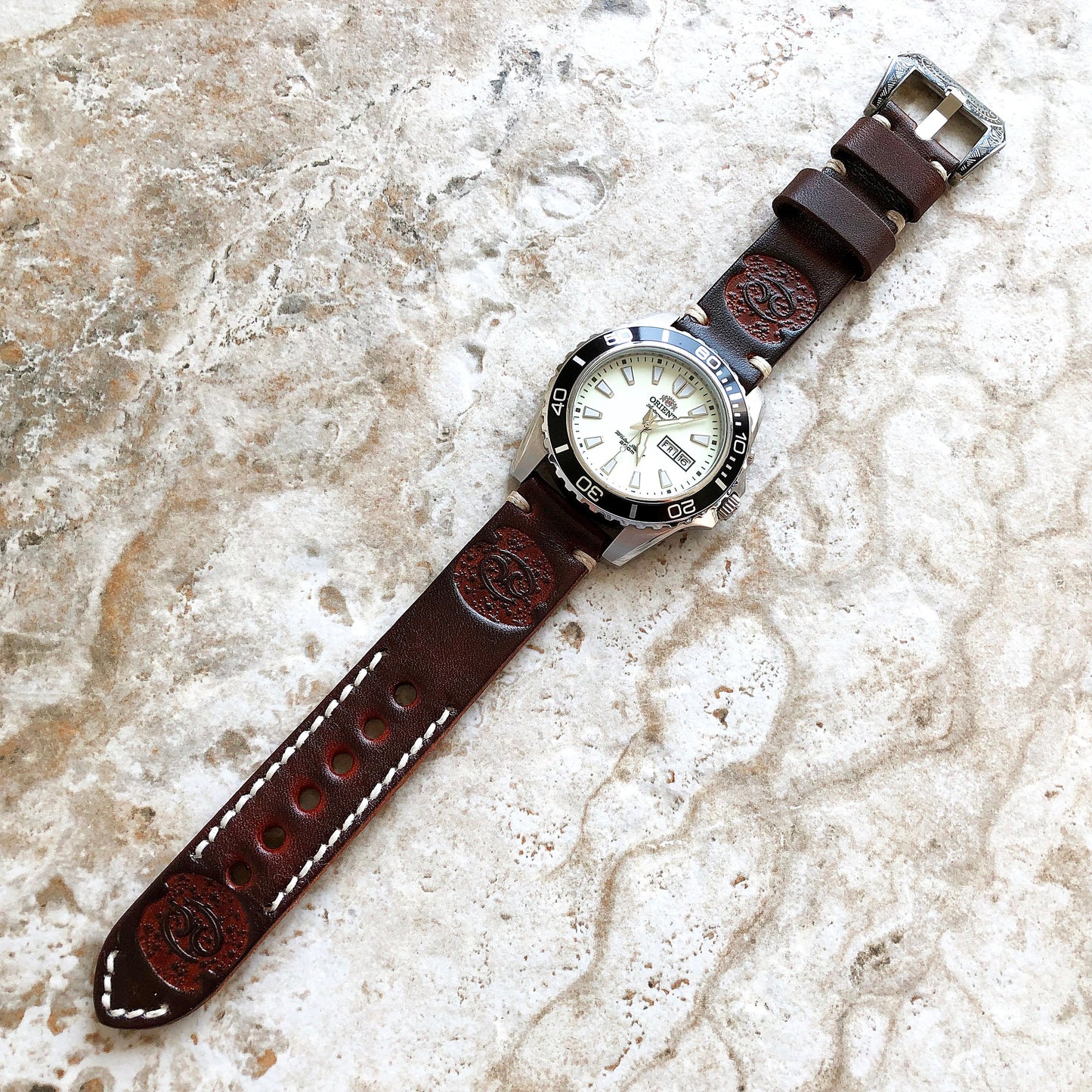 Cancer Zodiac Band 22mm 24mm 25mm Genuine Brown Leather Tooled Embossed Handmade Strap Bracelet Kit for Watches and 25" Pendants Necklace