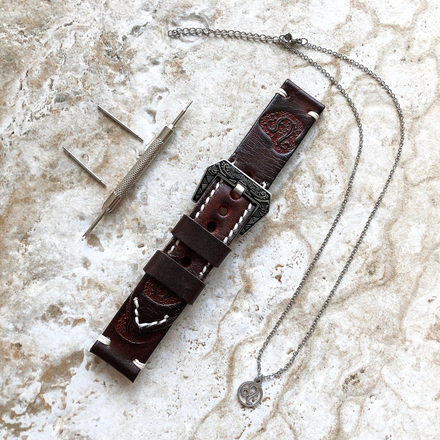 Leo Zodiac Band 22mm 24mm 25mm Genuine Brown Leather Tooled Embossed Handmade Strap Bracelet Kit for Watches and 25" Pendants Necklace