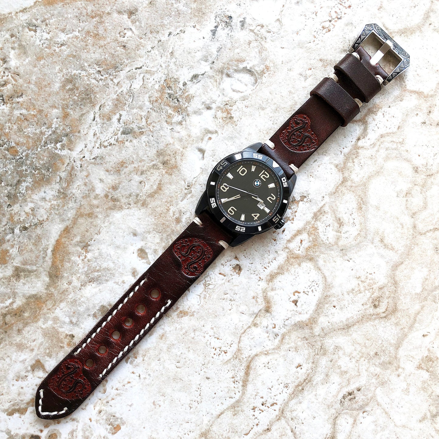 Leo Zodiac Band 22mm 24mm 25mm Genuine Brown Leather Tooled Embossed Handmade Strap Bracelet Kit for Watches and 25" Pendants Necklace