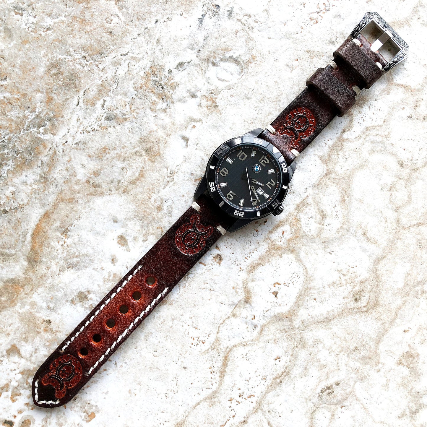 Taurus Zodiac Band 22mm 24mm 25mm Genuine Brown Leather Tooled Embossed Handmade Strap Bracelet Kit for Watches and 25" Pendants Necklace