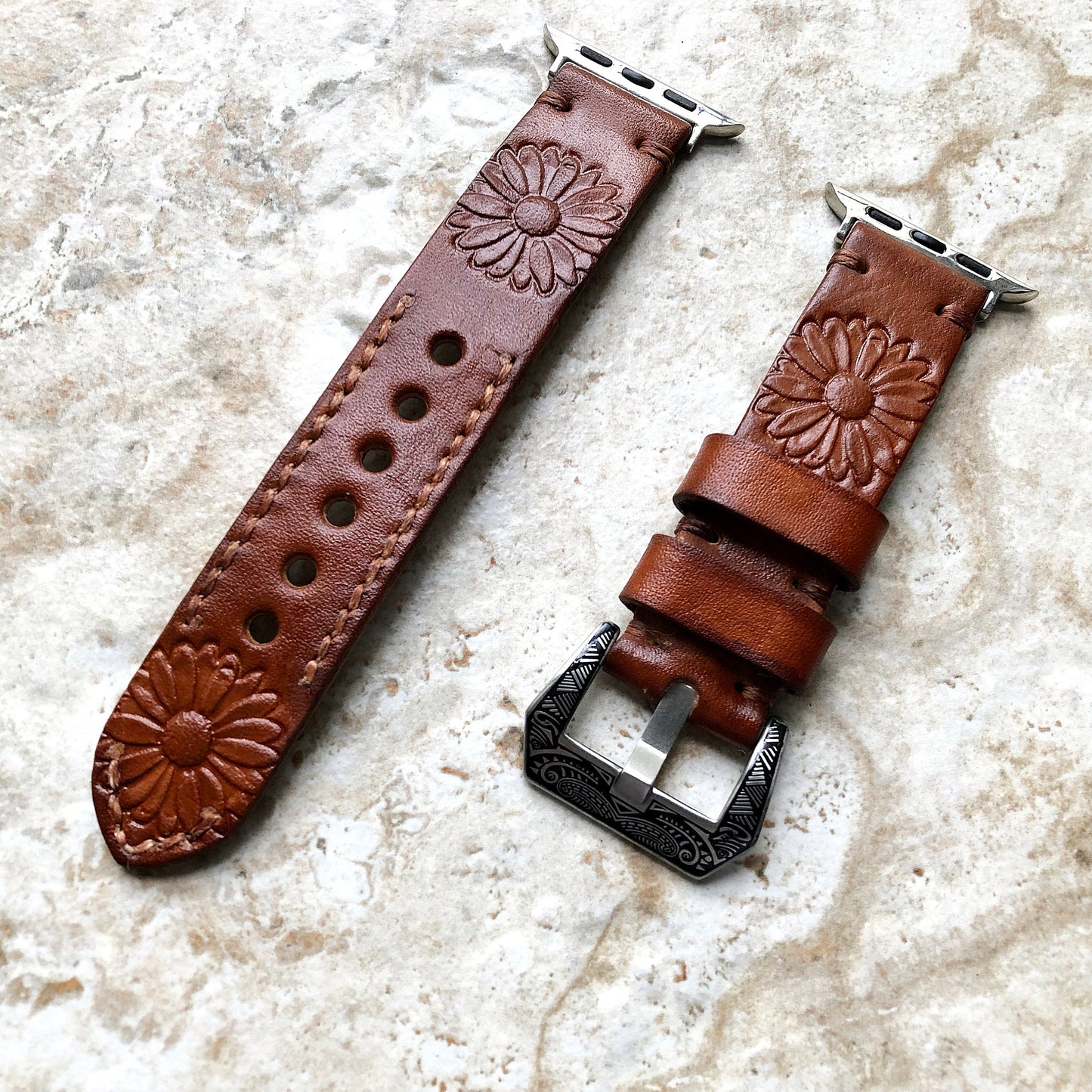 Apple Watch Band for iWatch Ultra 2 49mm and 9 8 Series 41mm 45mm Daisy Flower Tooled Embossed Handmade Brown Color Leather Strap Bracelet