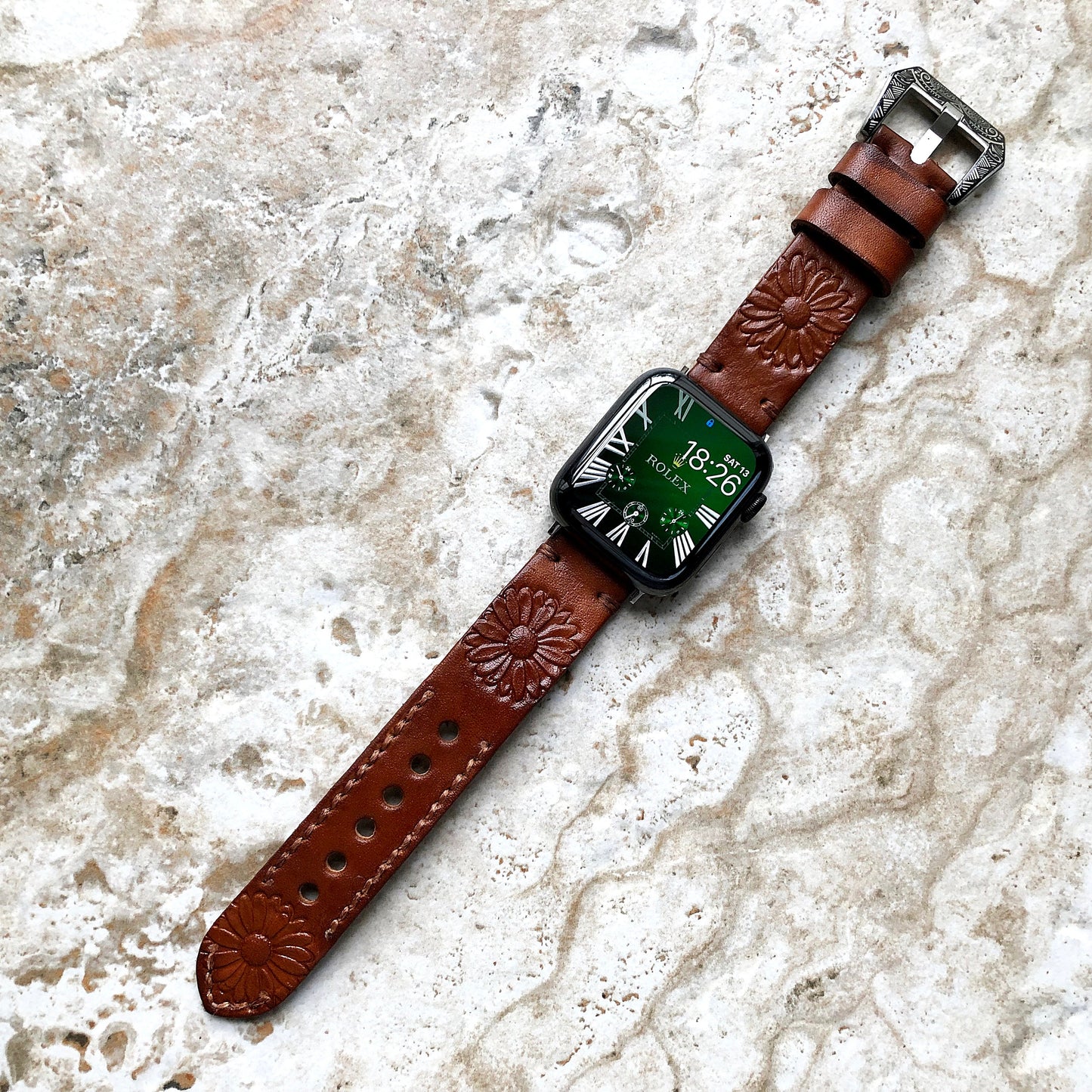 Apple Watch Band for iWatch Ultra 2 49mm and 9 8 Series 41mm 45mm Daisy Flower Tooled Embossed Handmade Brown Color Leather Strap Bracelet