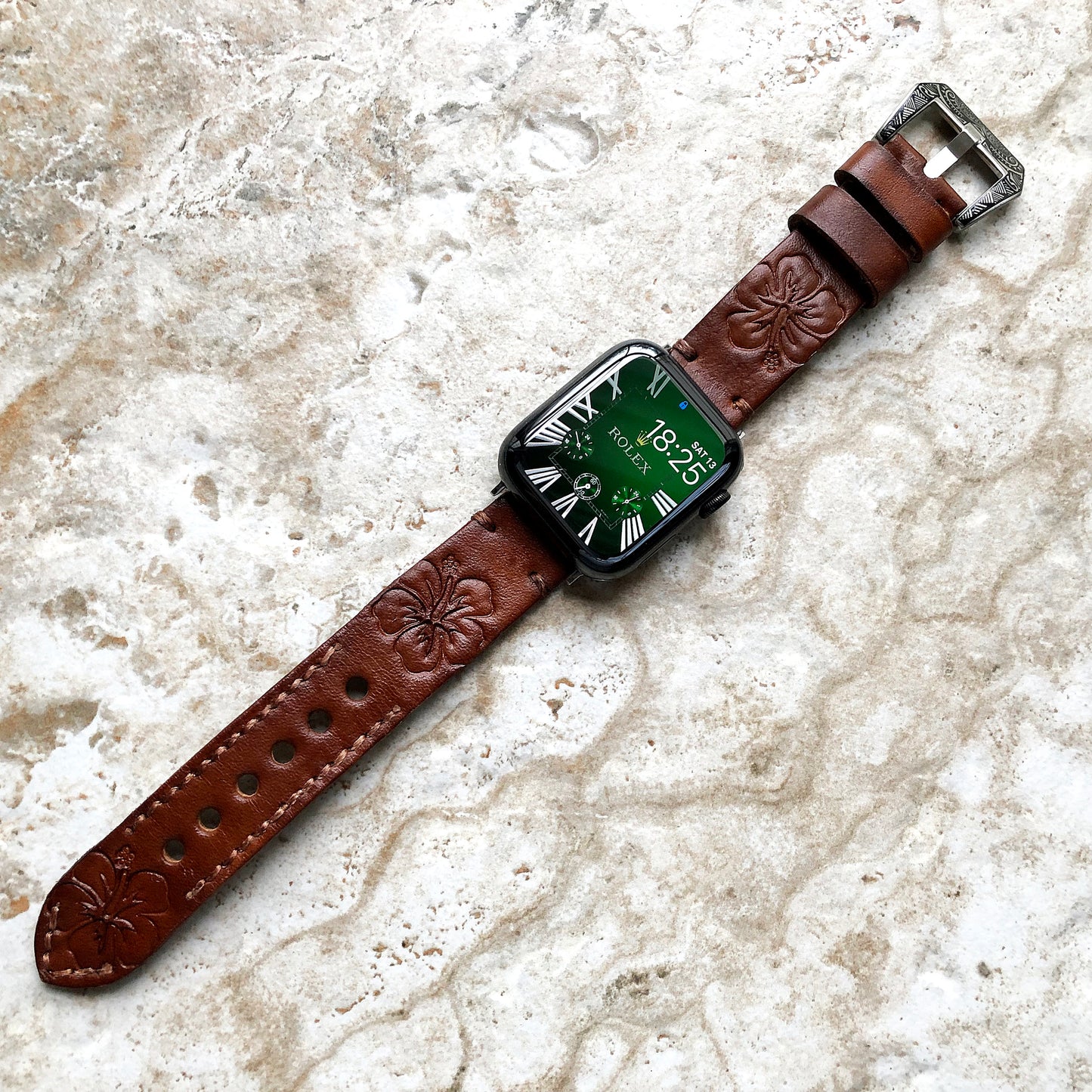 Apple Watch Leather Band Orchid Flower for iWatch Ultra 2 49mm and 9 8 Series 41mm 45mm Case Tooled Embossed Brown Handmade Strap Bracelet