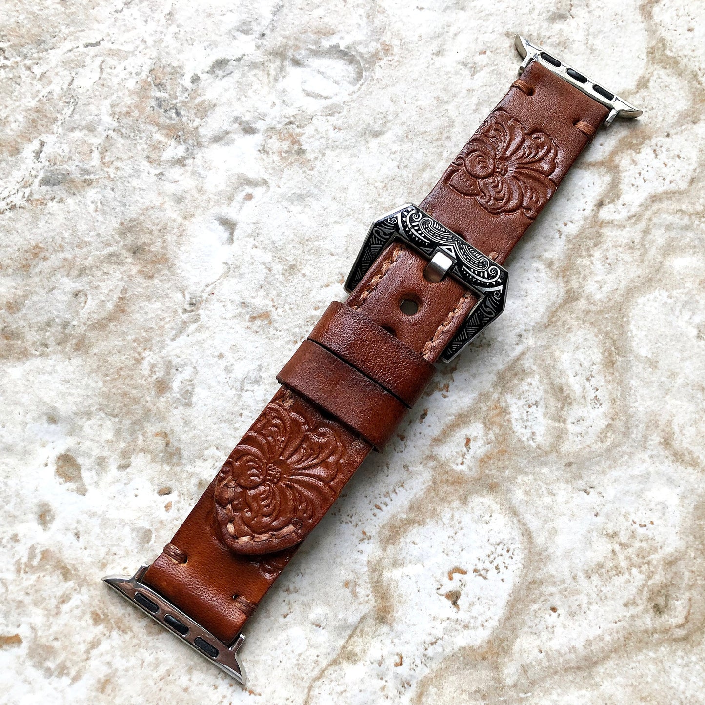 Apple Watch Band Peony Flower for iWatch Ultra 2 49mm and 9 8 Series 41mm 45mm Case Tooled Embossed Handmade Brown Leather Strap Bracelet