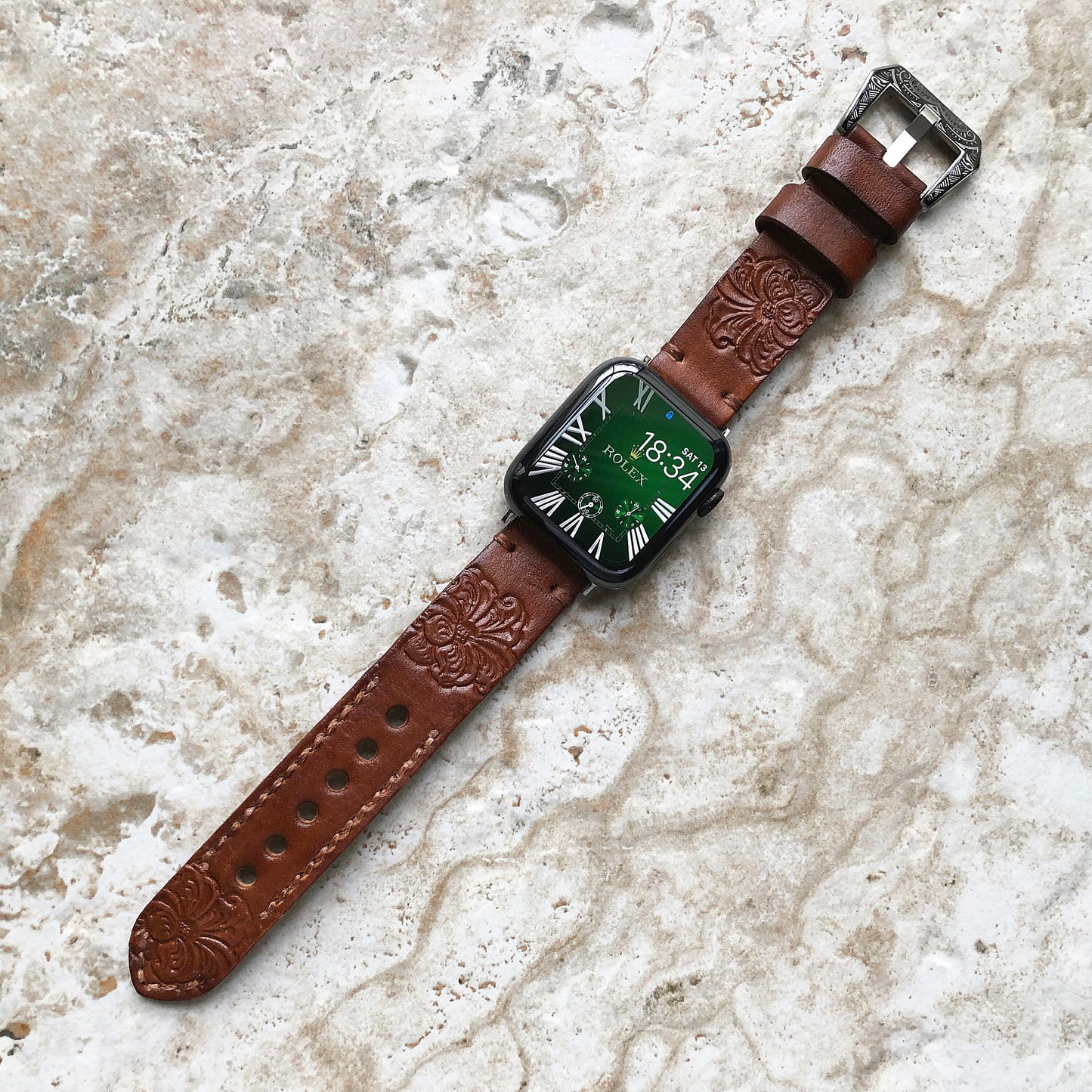 Apple Watch Band Peony Flower for iWatch Ultra 2 49mm and 9 8 Series 41mm 45mm Case Tooled Embossed Handmade Brown Leather Strap Bracelet
