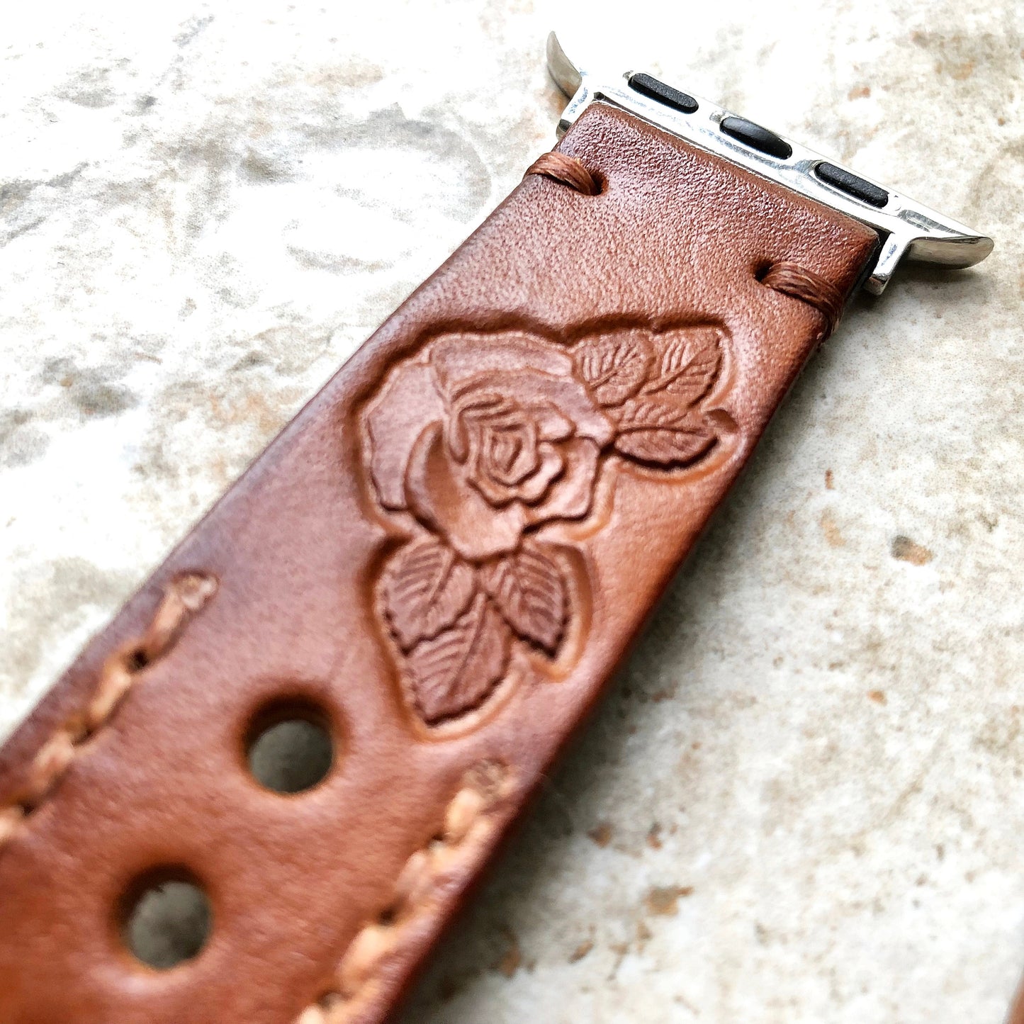 Apple Watch Rose with Leafs Tooled Embossed Handmade Dark Brown Leather Band Strap for iWatch All Series 38mm 40mm 41mm 42mm 44mm 45mm 49mm