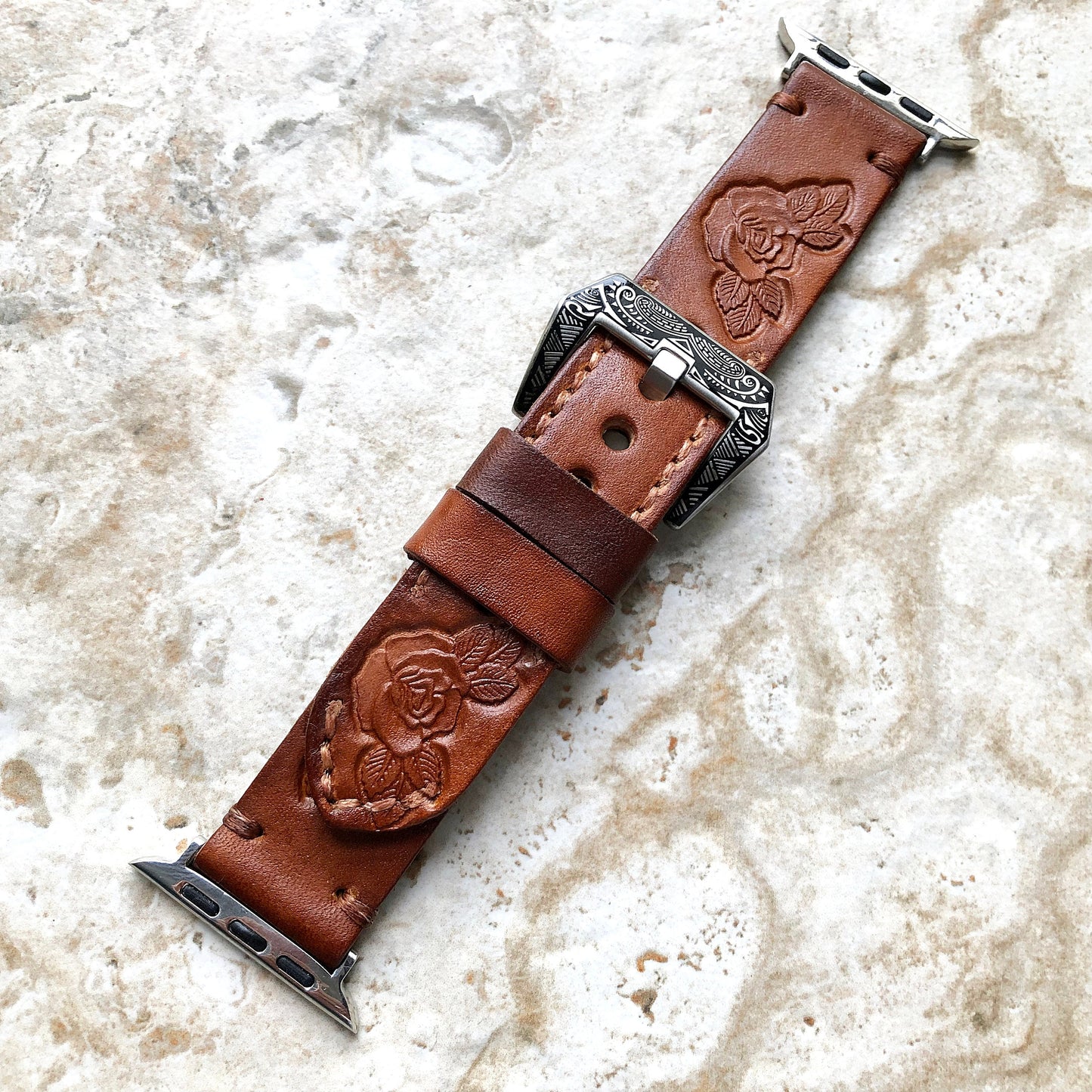 Apple Watch Rose with Leafs Tooled Embossed Handmade Dark Brown Leather Band Strap for iWatch All Series 38mm 40mm 41mm 42mm 44mm 45mm 49mm