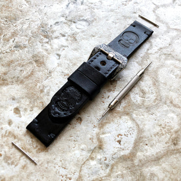 Fancy Skull Band 22mm 24mm 25mm Handmade Black Genuine Leather Tooled Embossed Engraved Strap Bracelet Kit for Watches - Pins Buckle Tool