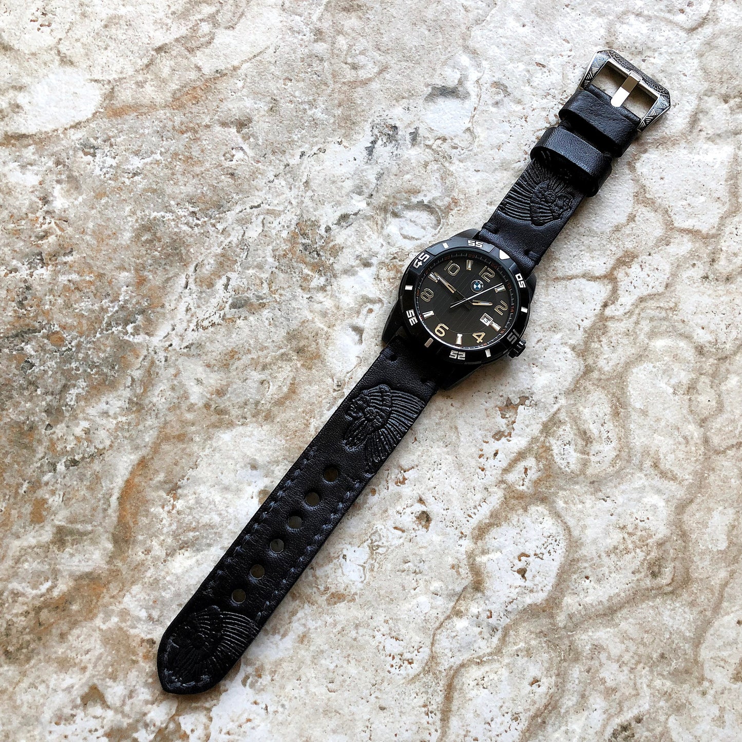Chief Boss Band 22mm 24mm 25mm Handmade Black Genuine Leather Tooled Embossed Engraved Strap Bracelet Kit for Watches - Pins Buckle Tool