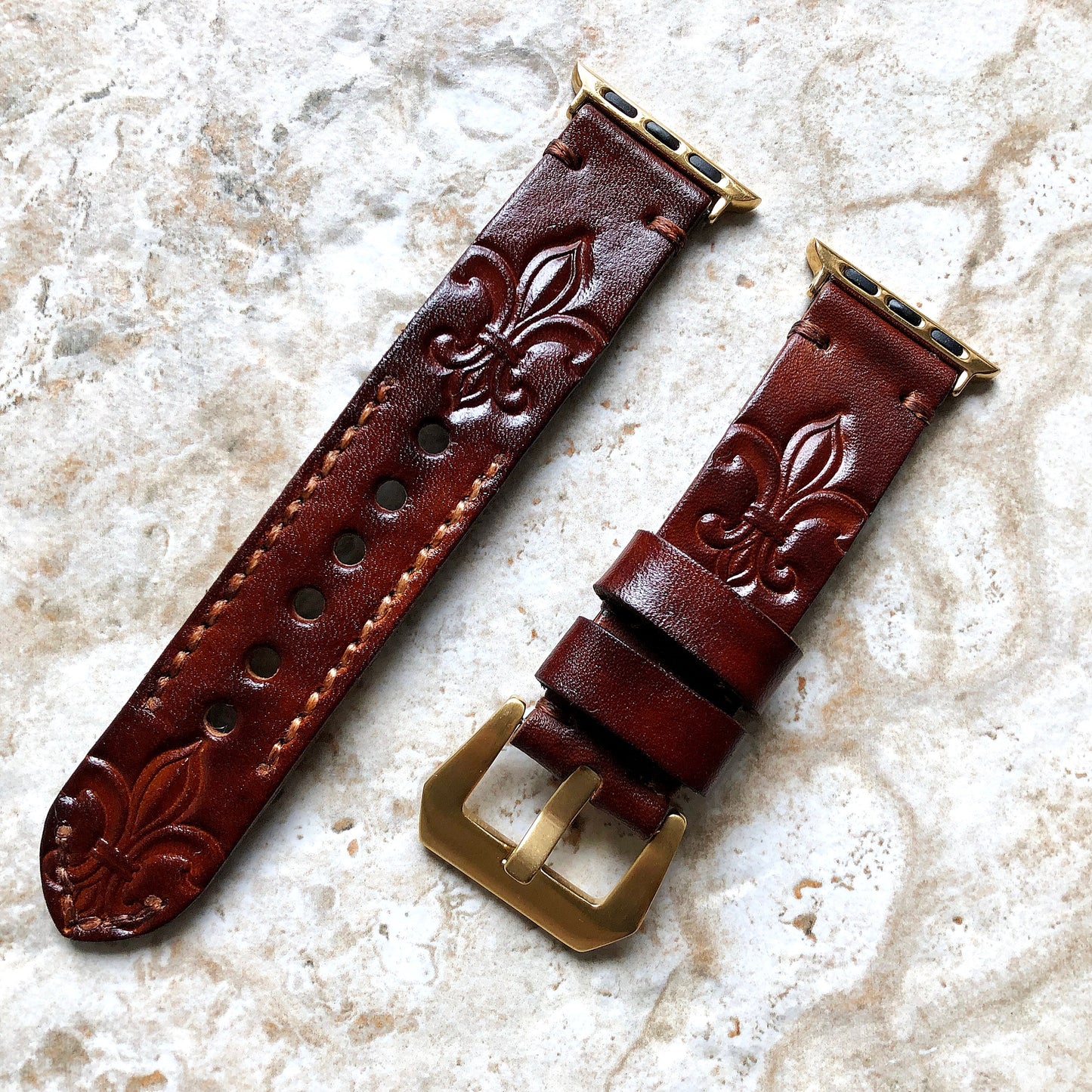 Apple Watch Fleur De Lis Genuine Leather Band for iWatch Ultra 2 49mm and 9 8 Series 41mm 45mm Case Tooled Embossed Strap Bracelet Brown