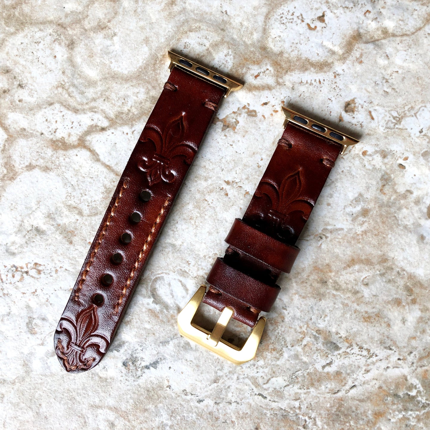Apple Watch Fleur De Lis Genuine Leather Band for iWatch All Series 38mm 40mm 41mm 42mm 44mm 45mm 49mm Tooled Embossed Strap Bracelet Brown