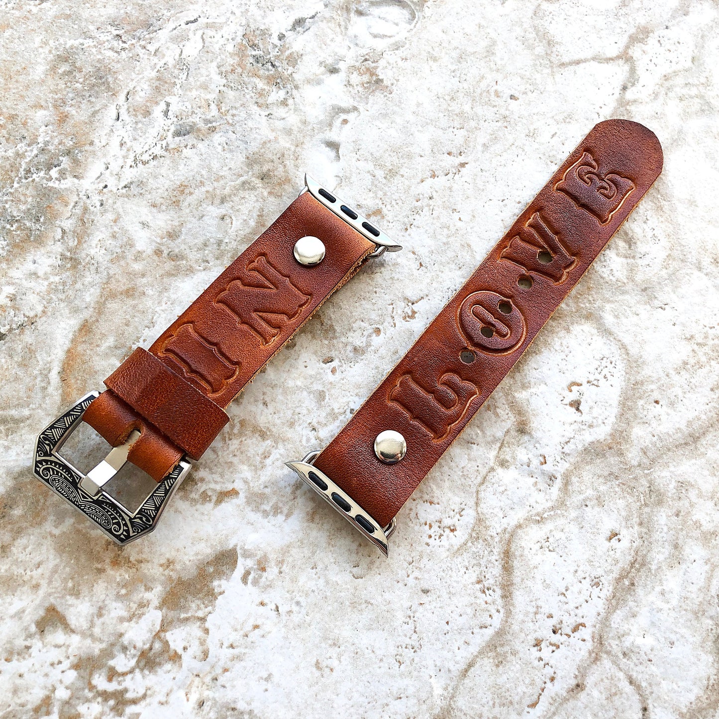 Apple Watch Band In Love for Ultra 2 9 8 7 6 SE 5 4 3 2 1 Case 38mm 40mm 41mm 42mm 44mm 45mm 49mm Embossed Handmade Brown Leather Strap
