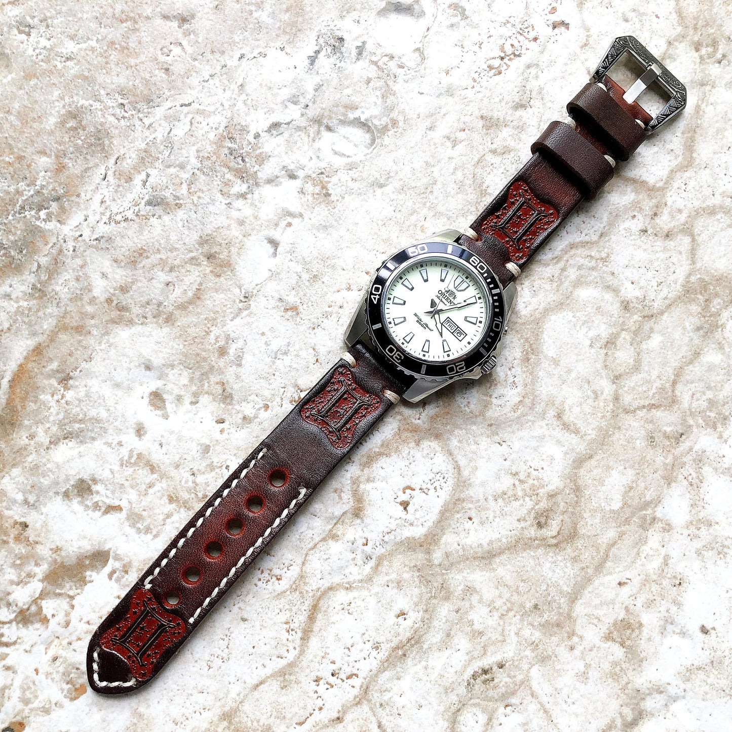 Gemini Zodiac Band 22mm 24mm 25mm Genuine Brown Leather Tooled Embossed Handmade Strap Bracelet Kit for Watches and 25" Pendants Necklace