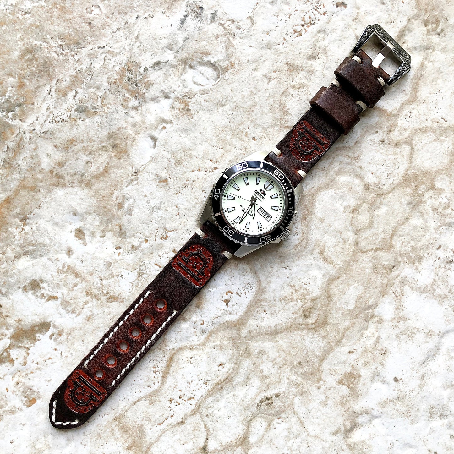 Libra Zodiac Band 22mm 24mm 25mm Genuine Brown Leather Tooled Embossed Handmade Strap Bracelet Kit for Watches and 25" Pendants Necklace