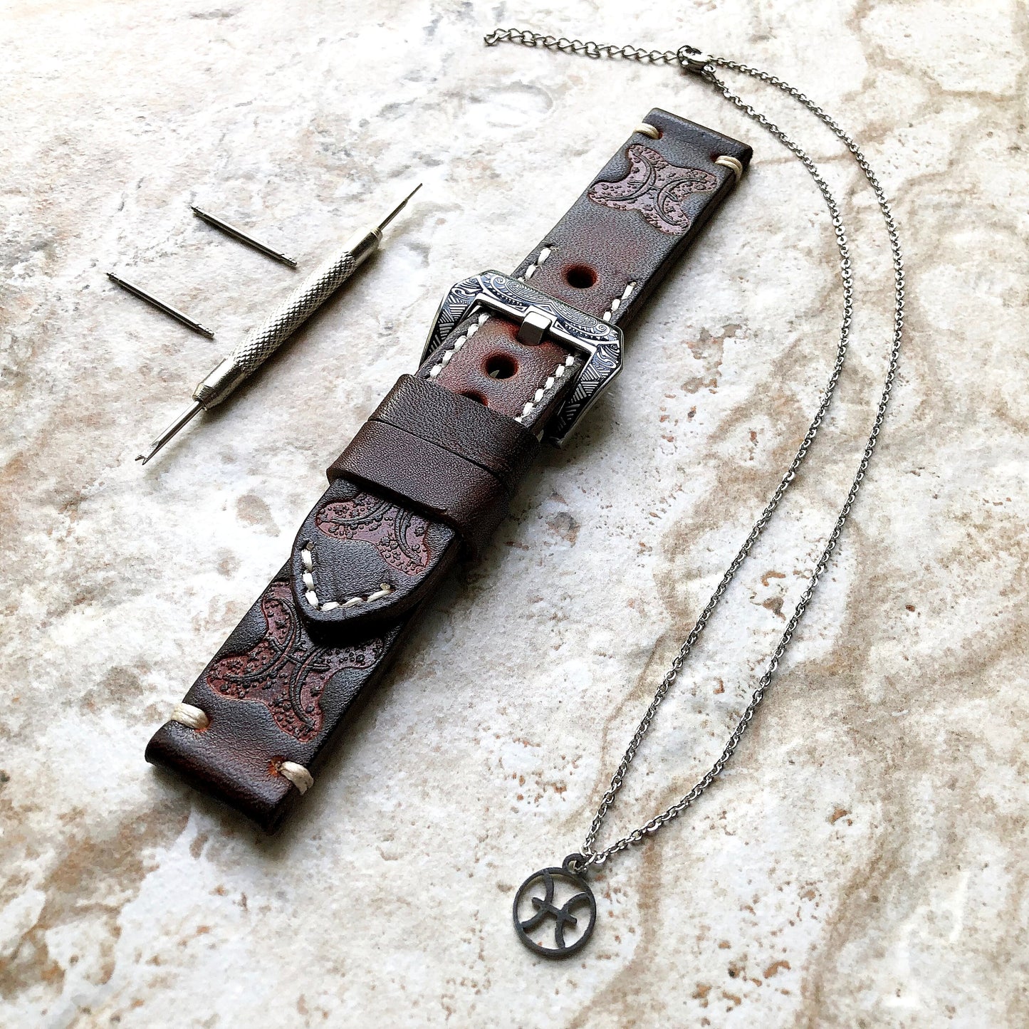 Pisces Zodiac Band 22mm 24mm 25mm Genuine Brown Leather Tooled Embossed Handmade Strap Bracelet Kit for Watches and 25" Pendants Necklace
