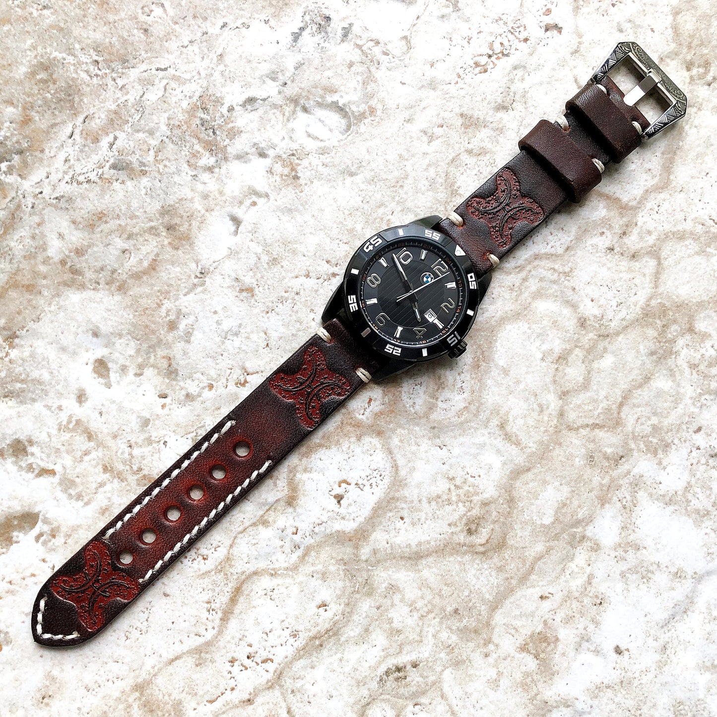 Pisces Zodiac Band 22mm 24mm 25mm Genuine Brown Leather Tooled Embossed Handmade Strap Bracelet Kit for Watches and 25" Pendants Necklace