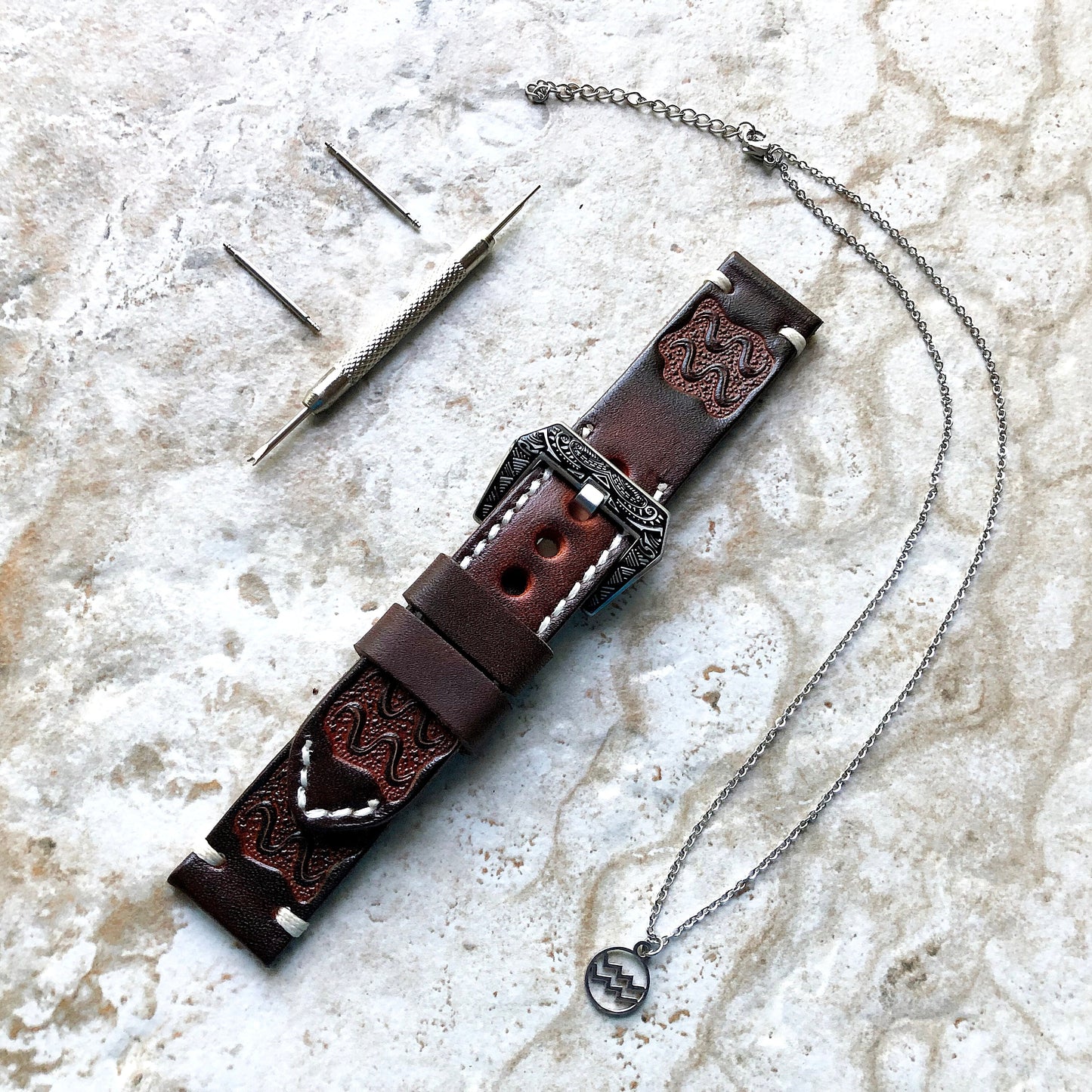 Aquarius Zodiac Band 22mm 24mm 25mm Genuine Brown Leather Tooled Embossed Handmade Strap Bracelet Kit for Watches and 25" Pendants Necklace