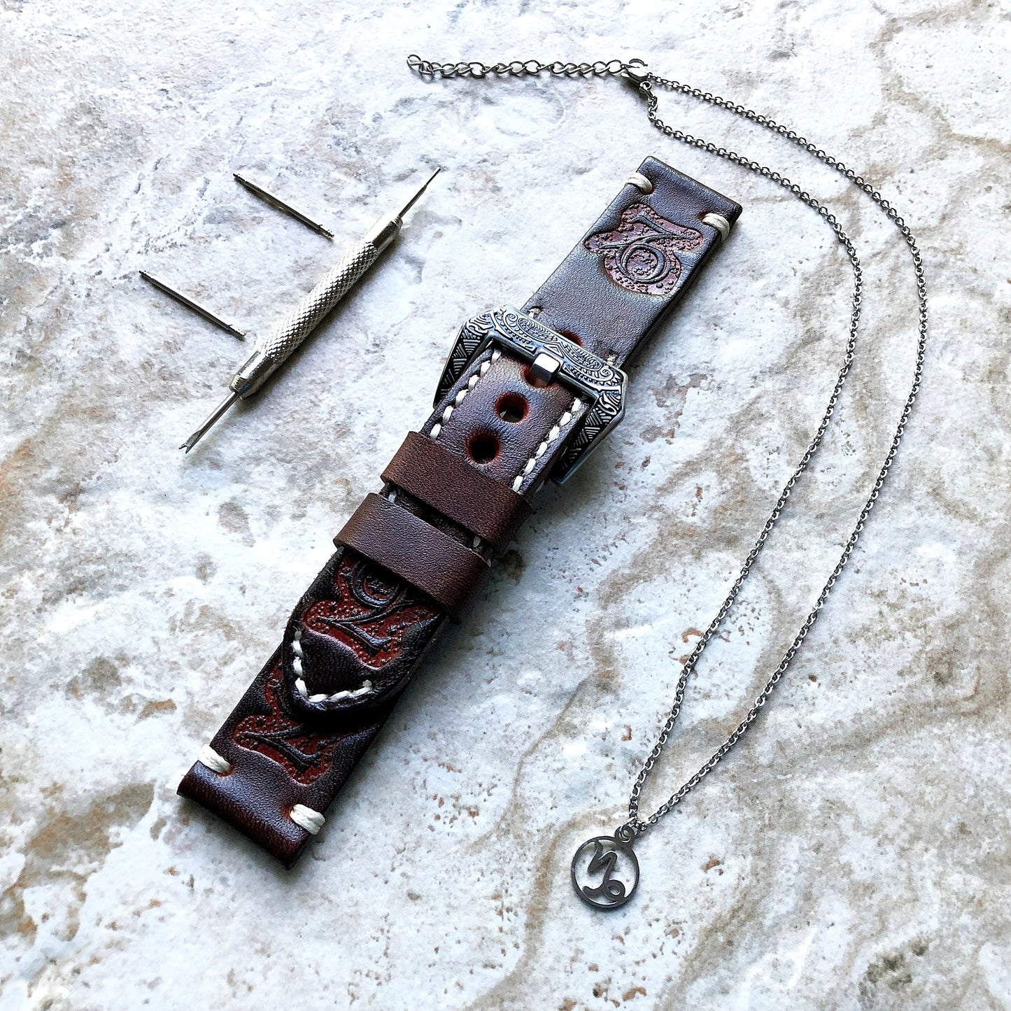 Capricorn Zodiac Band 22mm 24mm 25mm Genuine Brown Leather Tooled Embossed Handmade Strap Bracelet Kit for Watches and 25" Pendants Necklace