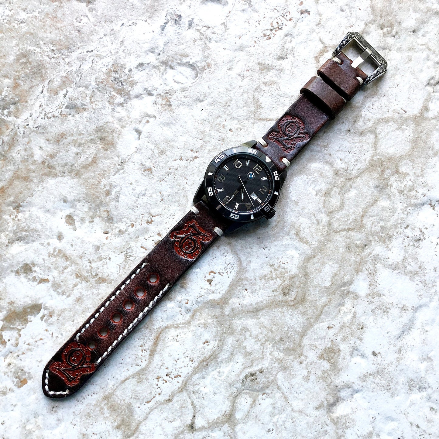 Capricorn Zodiac Band 22mm 24mm 25mm Genuine Brown Leather Tooled Embossed Handmade Strap Bracelet Kit for Watches and 25" Pendants Necklace