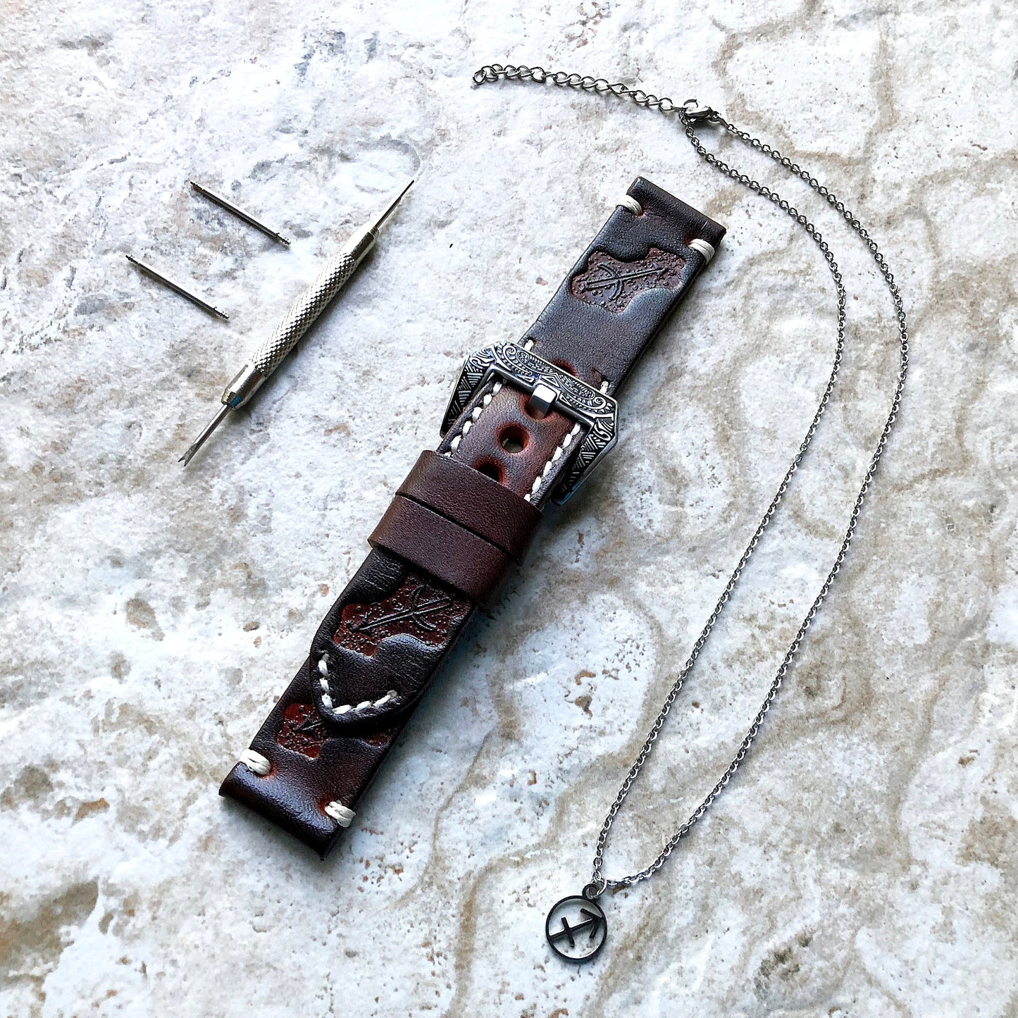 Sagittarius Zodiac Band 22mm 24mm 25mm Genuine Brown Leather Tooled Embossed Strap Bracelet Kit for Watches and 25" Pendants Necklace