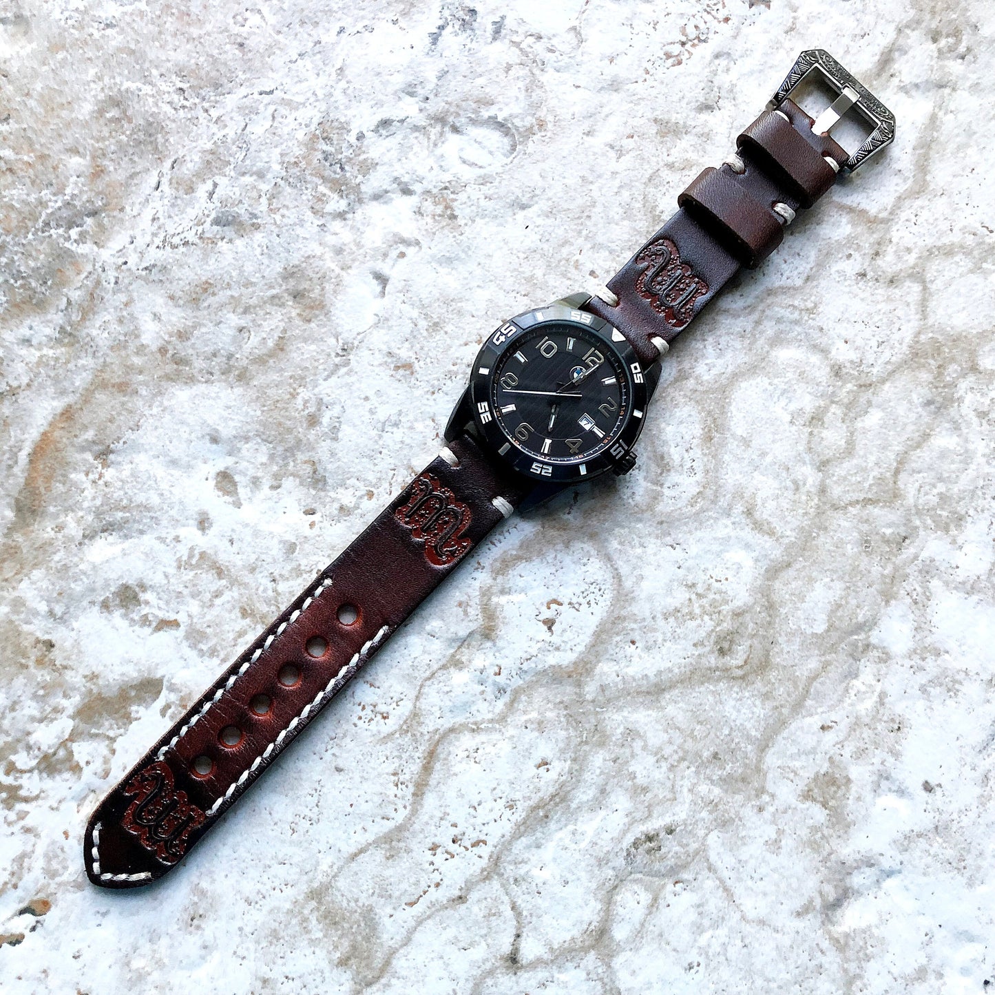 Scorpio Zodiac Band 22mm 24mm 25mm Genuine Brown Leather Tooled Embossed Handmade Strap Bracelet Kit for Watches and 25" Pendants Necklace