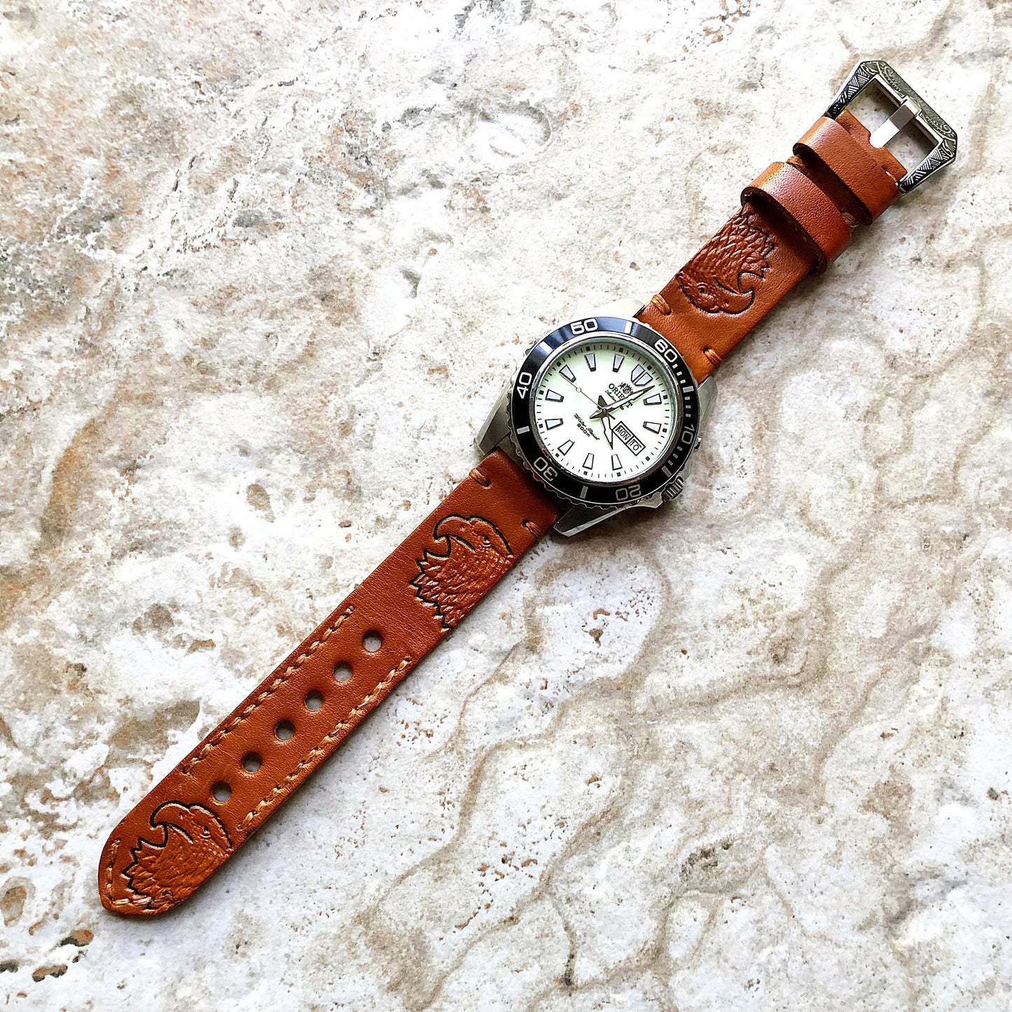 Eagle Head Band 22mm 24mm 25mm Handmade Medium Brown Genuine Leather Tooled Embossed Strap Bracelet Kit for Watches - Pins Buckle Tool