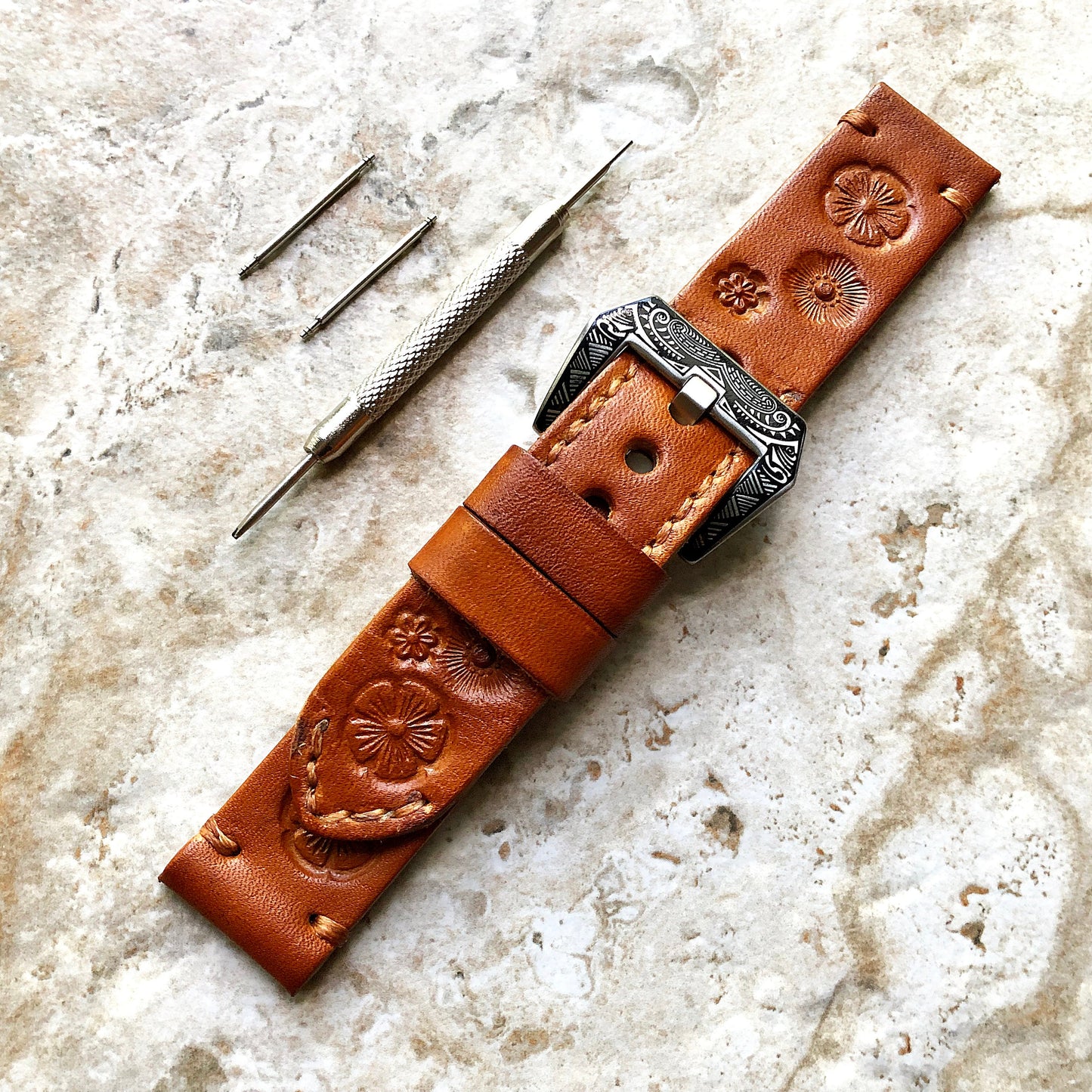 Garmin Flowers Brown Leather Band for Forerunner 745 265 255 Venu 3 2 Darth Vader Avenger Vivoactive 4 Tooled Embossed Strap Pins Tool B22