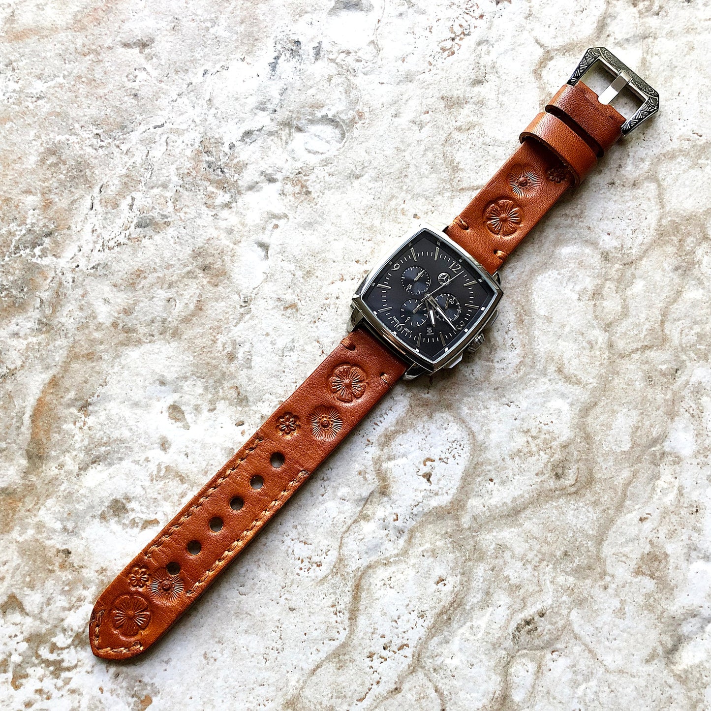 Garmin Flowers Brown Leather Band for Forerunner 745 265 255 Venu 3 2 Darth Vader Avenger Vivoactive 4 Tooled Embossed Strap Pins Tool B22