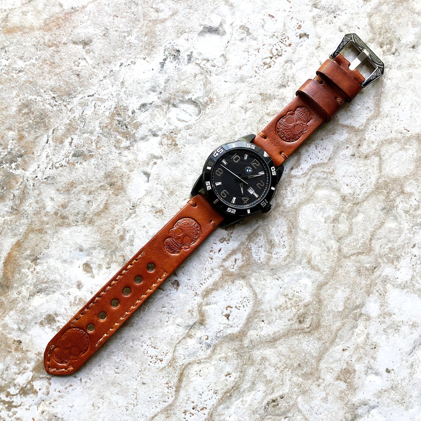 Garmin Skull Brown Leather Band for Forerunner 745 265 255 Venu 3 2 Darth Vader First Avenger Vivoactive 4 Embossed Tooled Strap B22