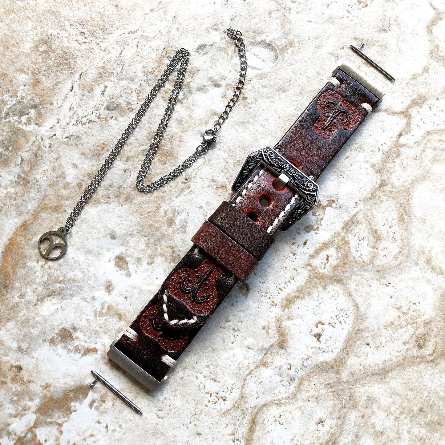 Fitbit Versa 2 3 4 Sense 2 Aries Zodiac Set Band Strap Brown Tooled Embossed Leather in Silver Rose Gold Black and 25" Pendants Necklace