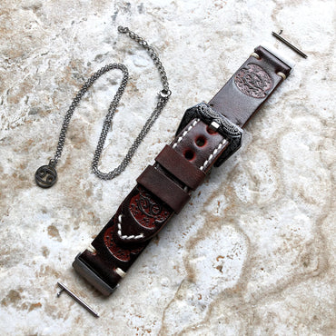 Fitbit Versa 2 3 4 Sense 2 Cancer Zodiac Set Band Strap Brown Tooled Embossed Leather in Silver Rose Gold Black and 25" Pendants Necklace